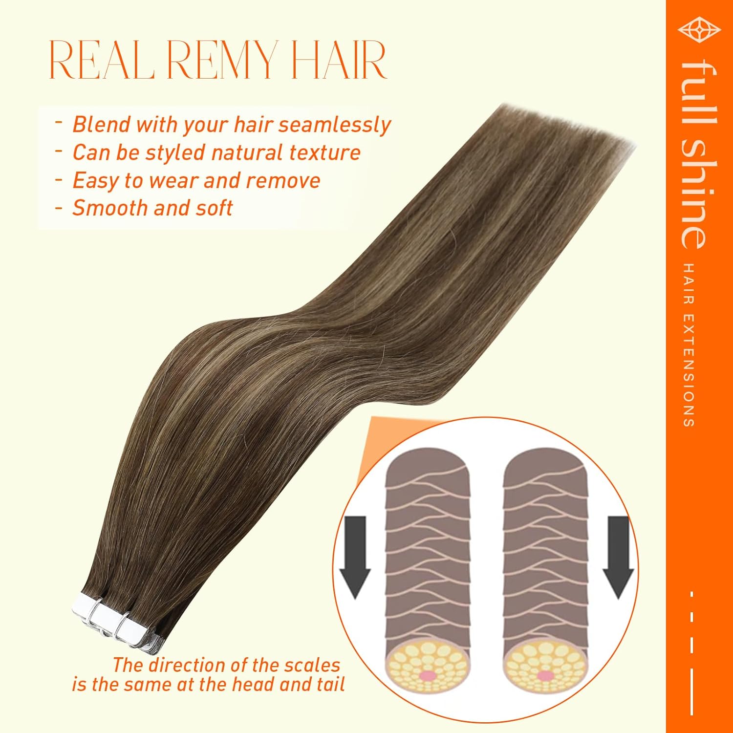 Alternative view of Full Shine Tape in Hair Extensions Human Hair 12Inch Invisible Hair Extensions 30G Tape in Remy Hair 4 Medium Brown Ombre 24 Blonde Highlight 4 Double Sided Tape Hair Extensions Real Human Hair 20Pcs