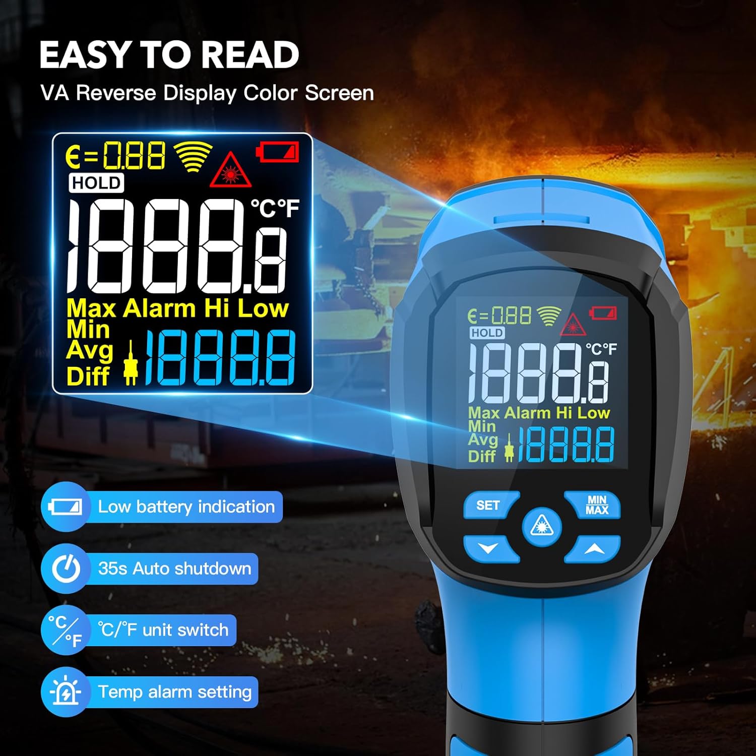INSTRODOTS Infrared Thermometer Temperature Gun, -40℉ to 2192℉ Dual Laser High Temp Thermometer with LCD Color Display, Non-Contact Industrial Pyrometer 50:1 Distance Ratio, Adjustable Emissivity - Image 3