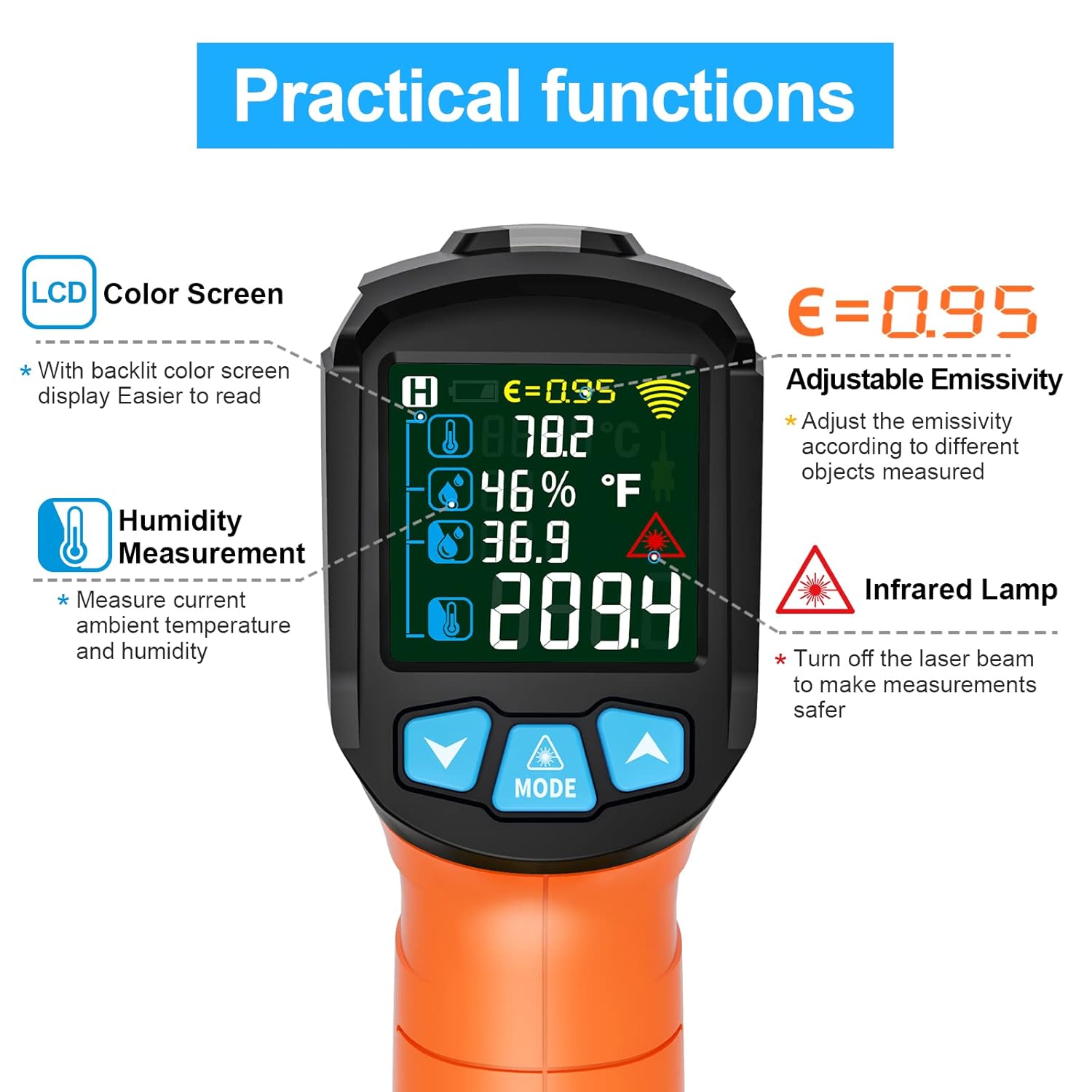 MESTEK Infrared Thermometer Gun, Non Contact Digital Laser Thermometer Temperature Gun with Color LCD for Cooking, Home Repairs, Humidity Measurement, Adjustable Emissivity -58°F to 1472°F(-50~800°C) - Image 3