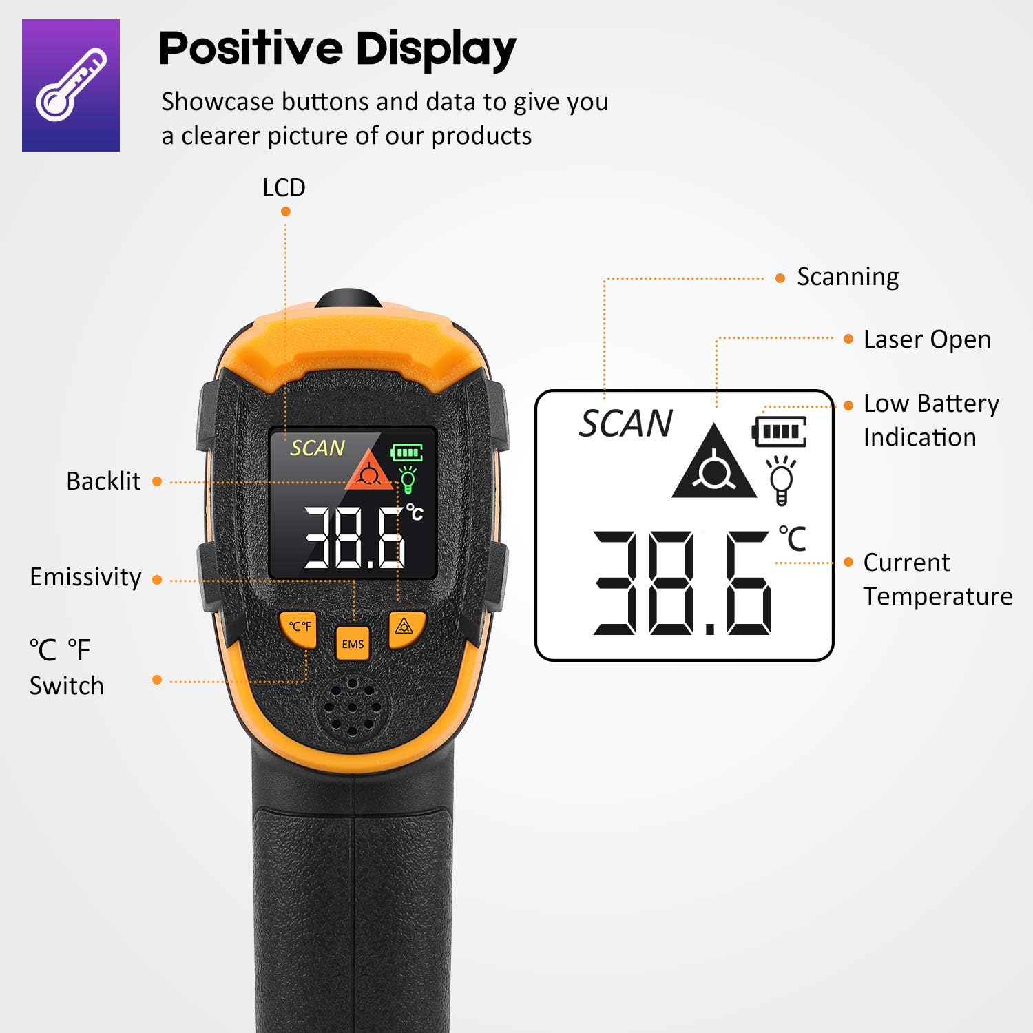 Alternative view of Infrared Thermometer Non-Contact Digital Laser Temperature Gun -58℉～1112℉(-50℃～600℃) Adjustable Emissivity IR Temp Gun - for Cooking, BBQ, Food, Fridge, Pizza Oven, Engine - Meat Thermometer Included