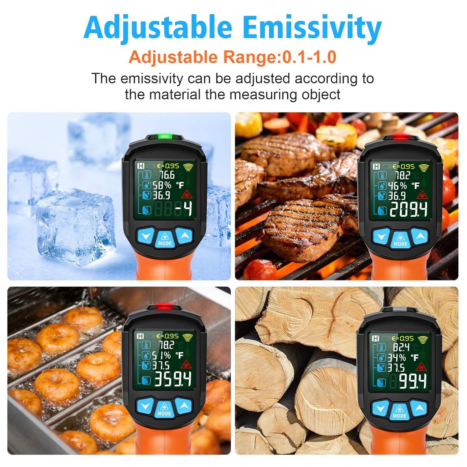 MESTEK Infrared Thermometer Gun, Non Contact Digital Laser Thermometer Temperature Gun with Color LCD for Cooking, Home Repairs, Humidity Measurement, Adjustable Emissivity -58°F to 1472°F(-50~800°C) - Image 5