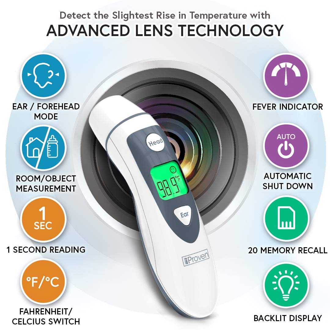 iProven Digital Thermometer for Adults Kids and Baby - Ear and Forehead 2-in-1, 1 Second Reading, Fever Alarm with Color Indicator, 20 Memory Recall - Medical Infrared Thermometer For The Whole Family