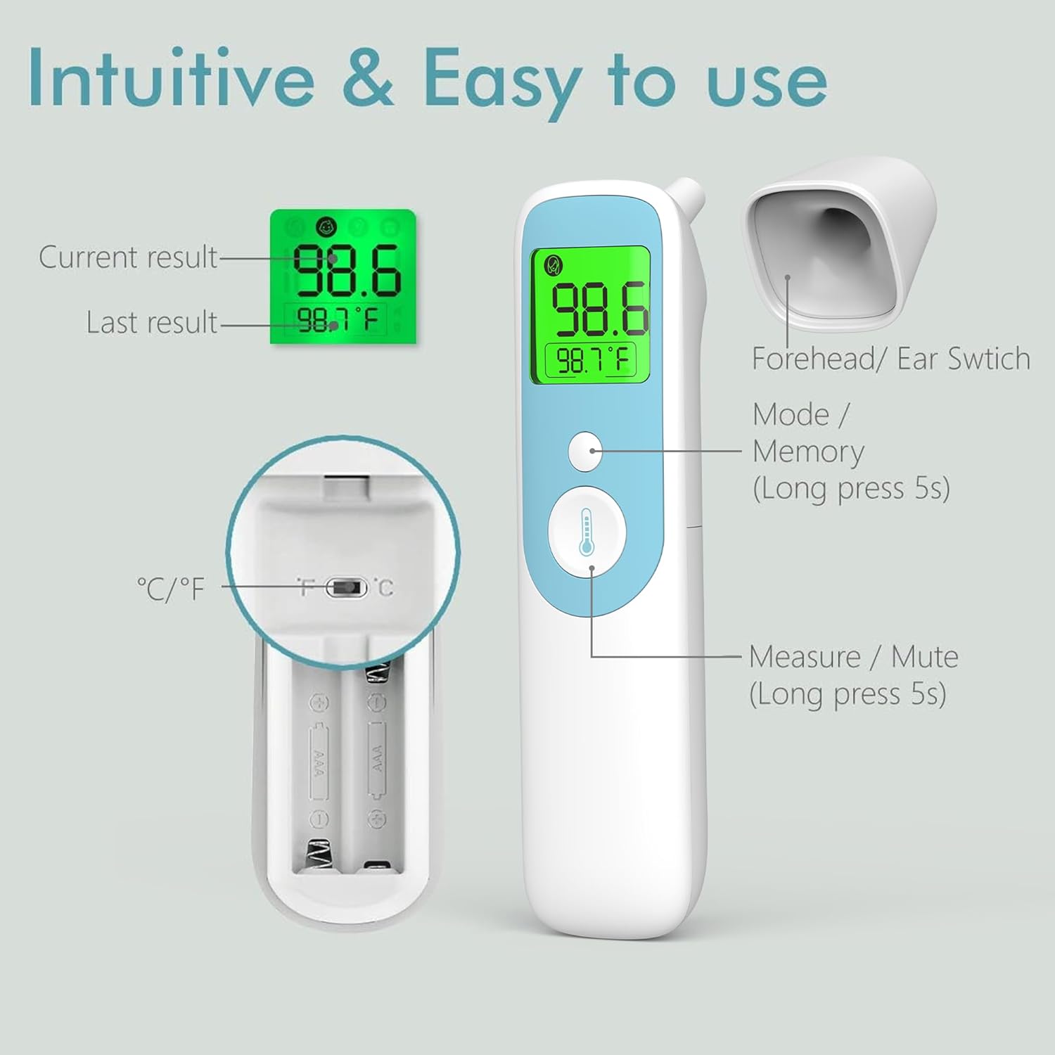 20C Ear and Forehead Thermometer for Baby&Adults Digital Infrared Thermometer with 1s Reading Easy Operation 4-Color Backlight Data Storage Fever Alarm Magnetic Cap for Body Surface & Room Use