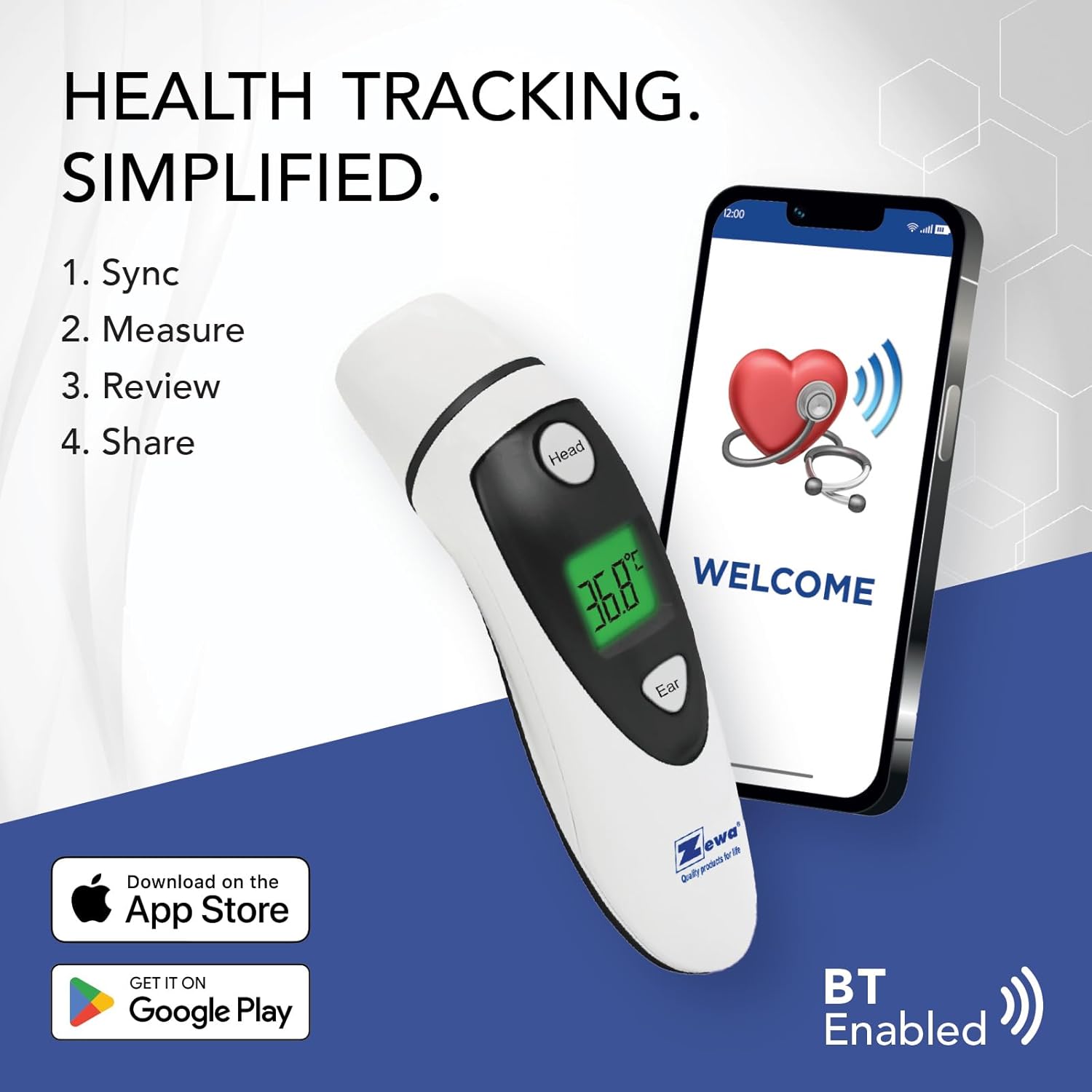 Alternative view of Zewa Infrared Thermometer | Professional Accuracy | Forehead & Ear Non-Touch Measurement | Bluetooth 4.0 | Android & iOS Compatible | Fever Alarm | Free MyHealthConnected App