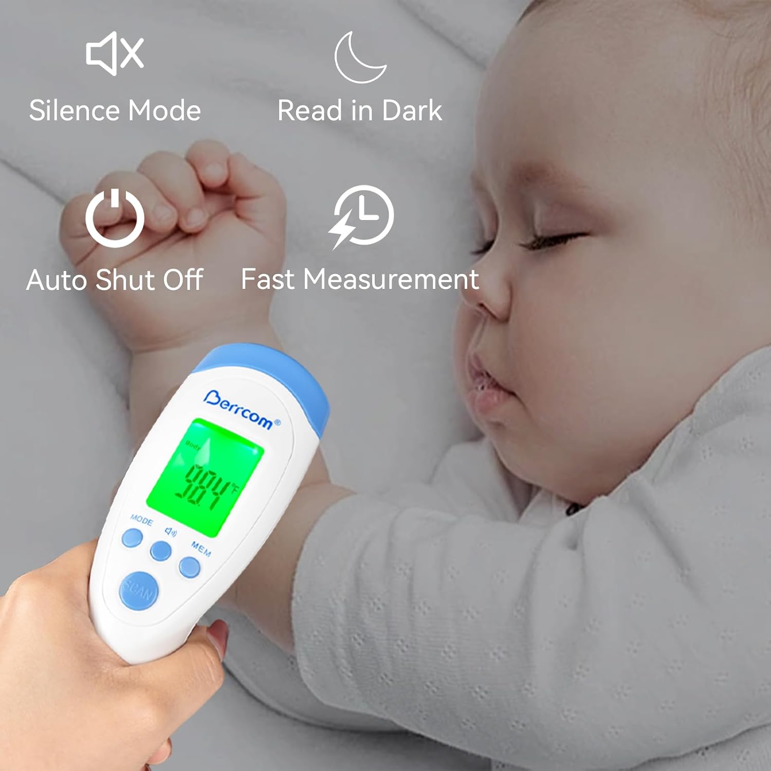 Alternative view of Berrcom Non-Contact Infrared Forehead Thermometer for Adults and Kids, 3-in-1 Digital Fever Thermometers with LCD Display and Fever Alert, Contactless Temperature Reader