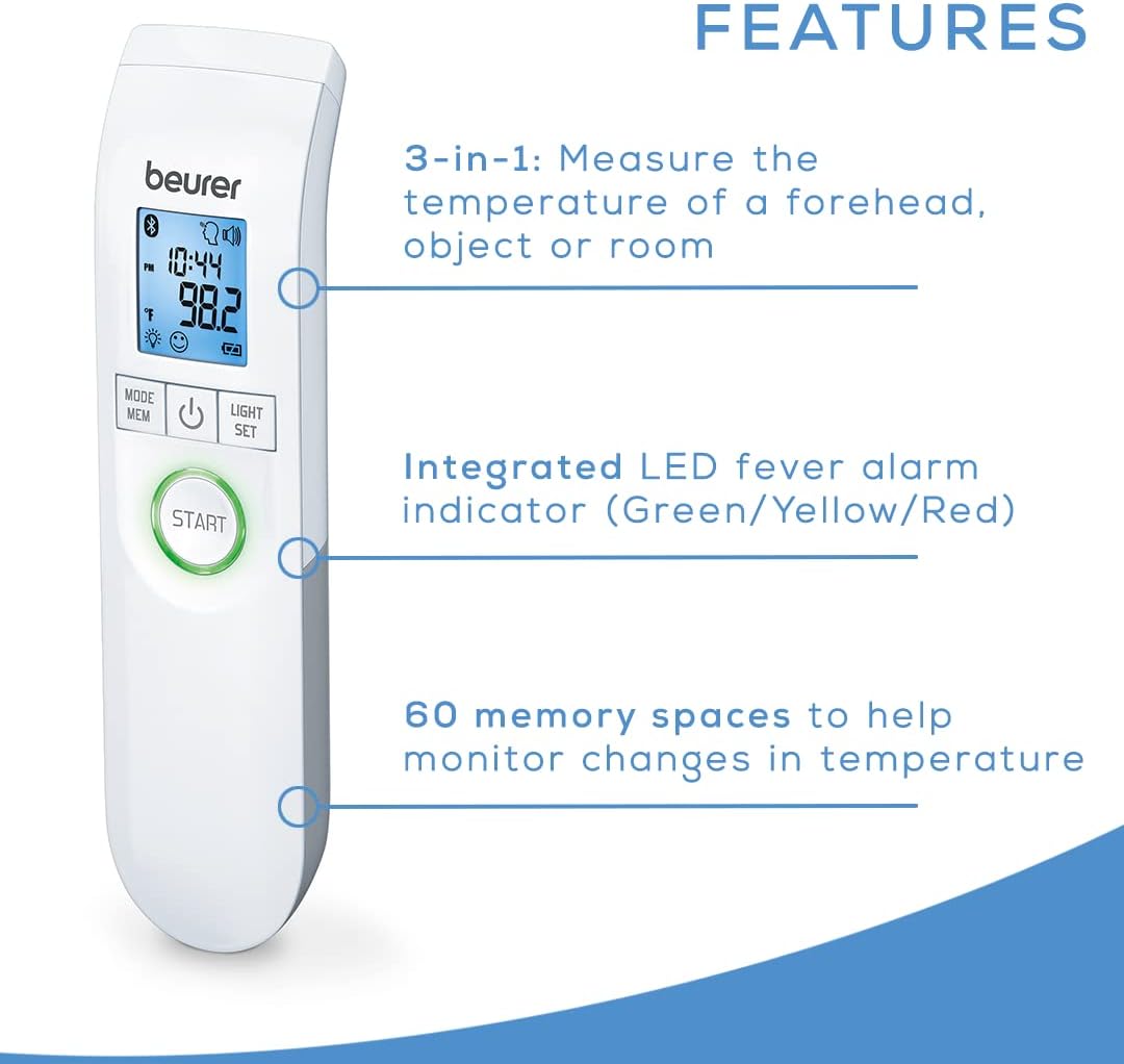 Beurer Bluetooth Non-Contact Thermometer, Forehead, Object, Room Temperature, High Accuracy, XL Blue Illuminated Display, 60 Memory Spaces, White,1 Count (Pack of 1),FT95 - Image 4