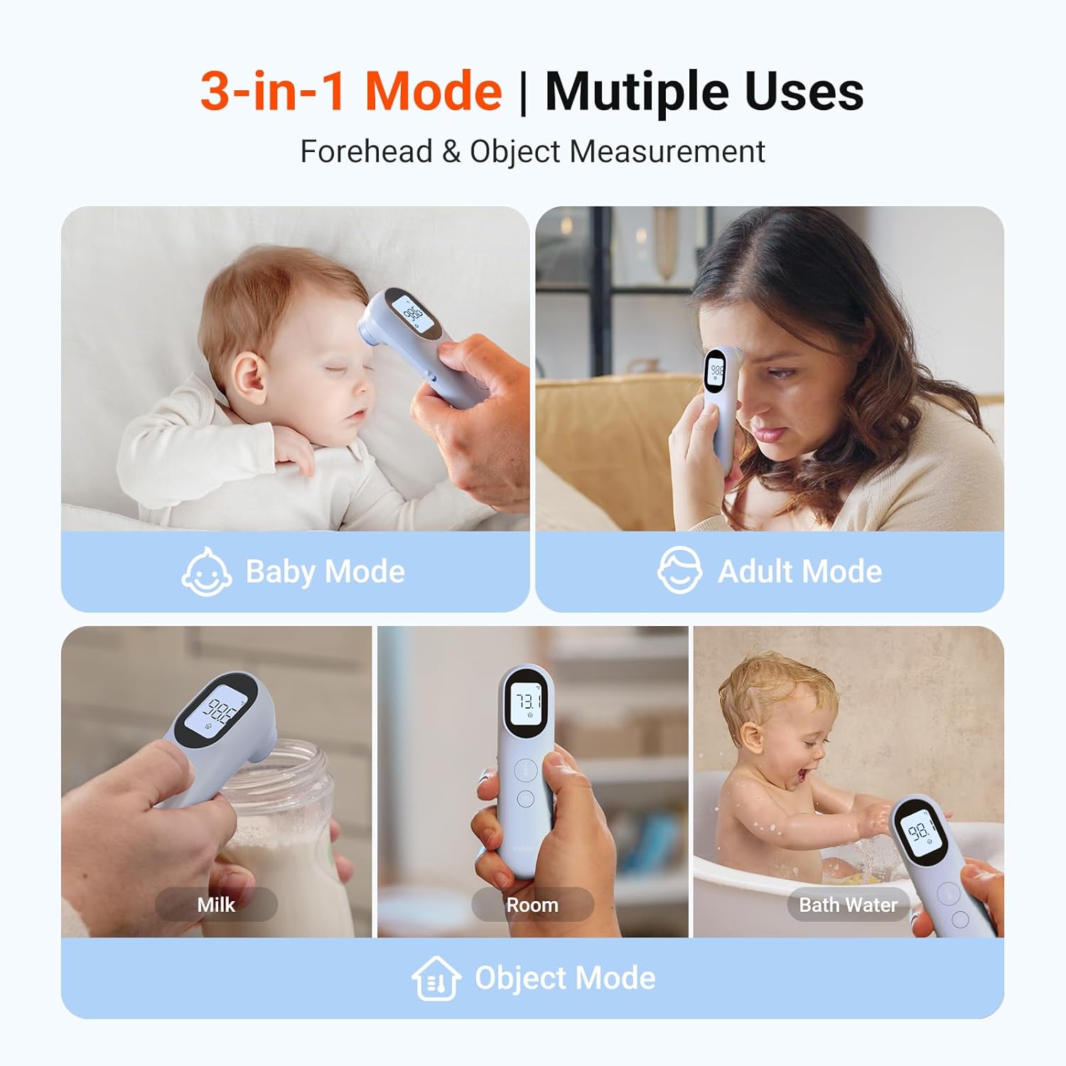 Alternative view of iHealth Infrared Digital Thermometer for Adults and Kids, Baby Thermometer with 3-in-1 Mode & 3-Color Prompt, Fever Alarm & Silent Mode, Forehead & Object Detection, 40 Memory Storages, PT9L, Blue