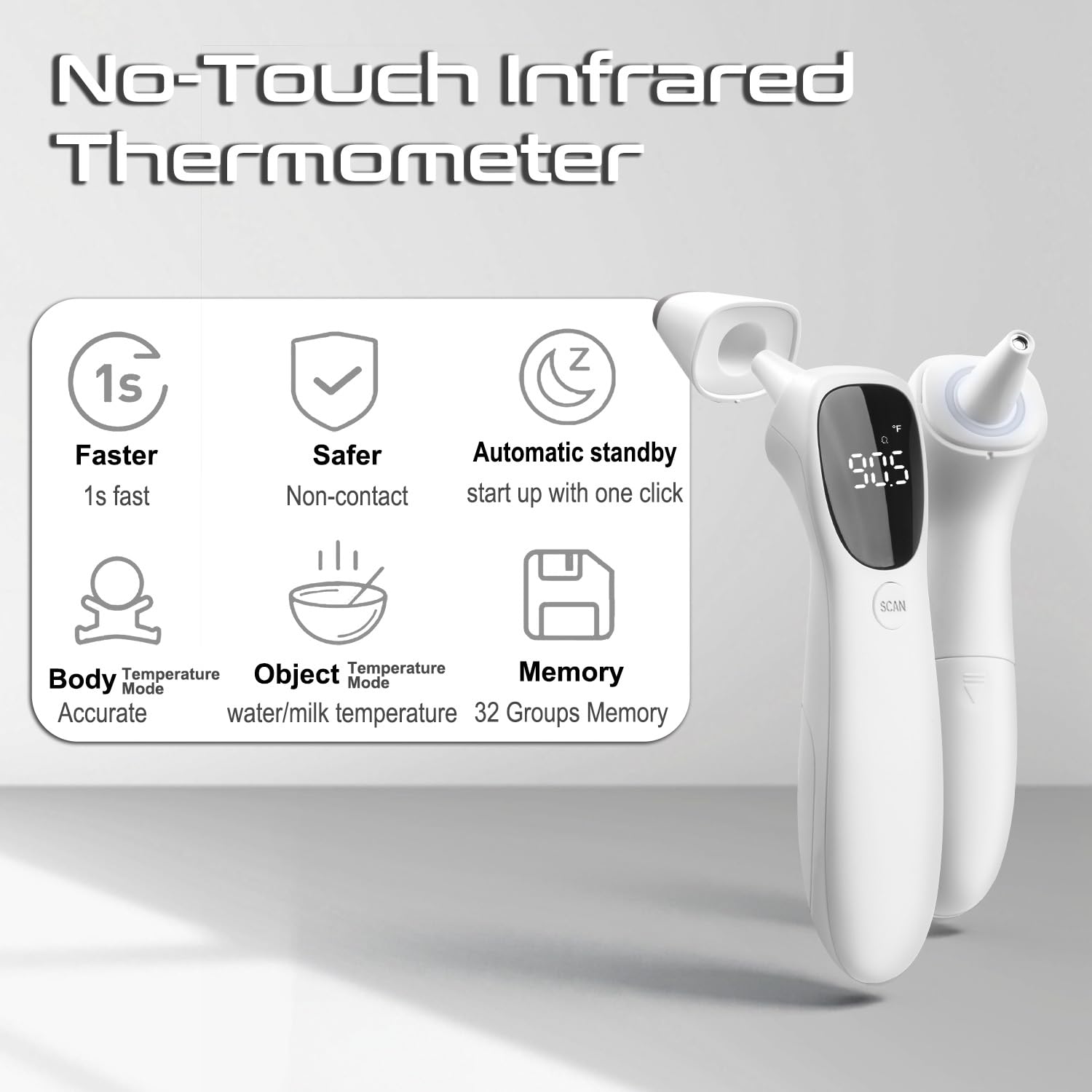 Alternative view of huangirl Touchless Thermometer, Digital Forehead Thermometer for Adults with Fever Alarm, Large LED Digits, 3-in-1 Non Contact Infrared Ear, Forehead & Touchless Thermometers