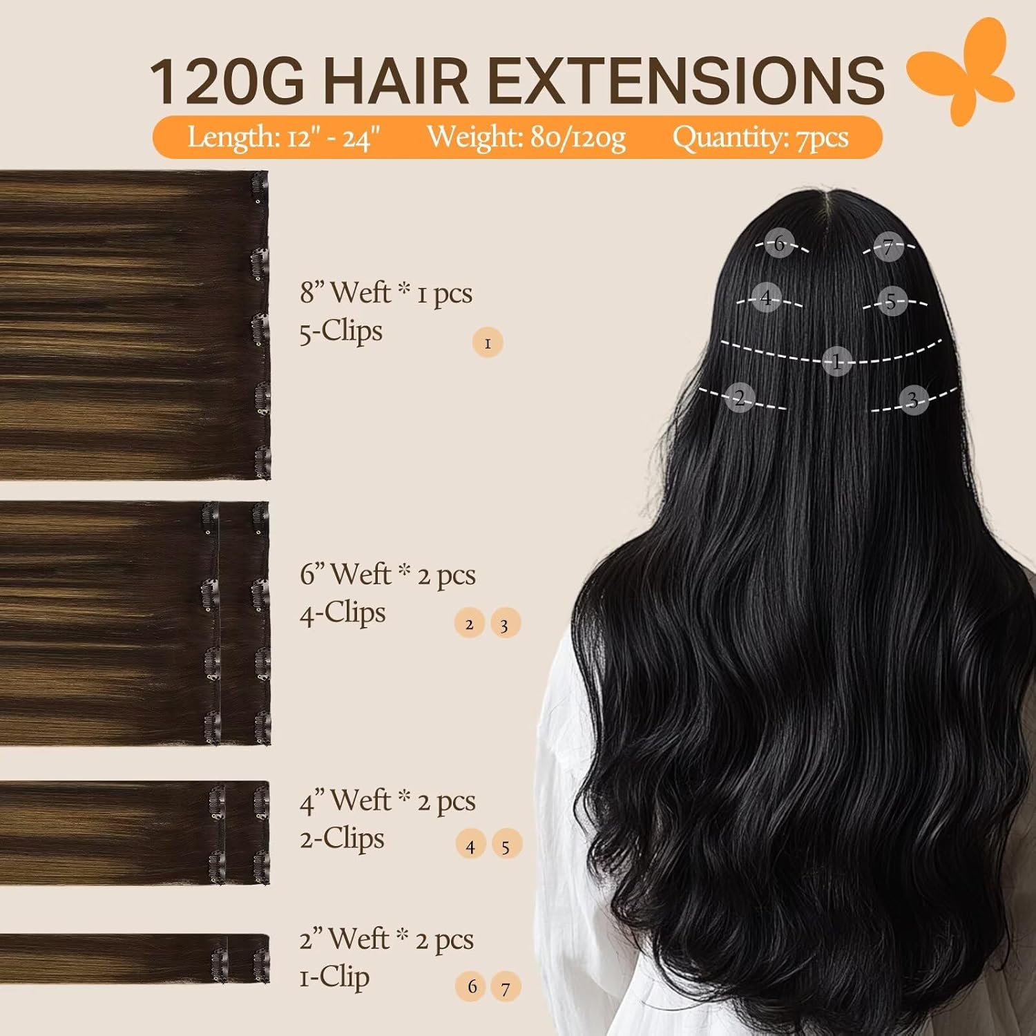 DOORES Clip in Hair Extensions Human Hair Extensions, Balayage Dark Brown to Chestnut Brown 120g 7pcs 18 Inch Real Human Hair Extensions Clip in Straight Remy Silky Weft