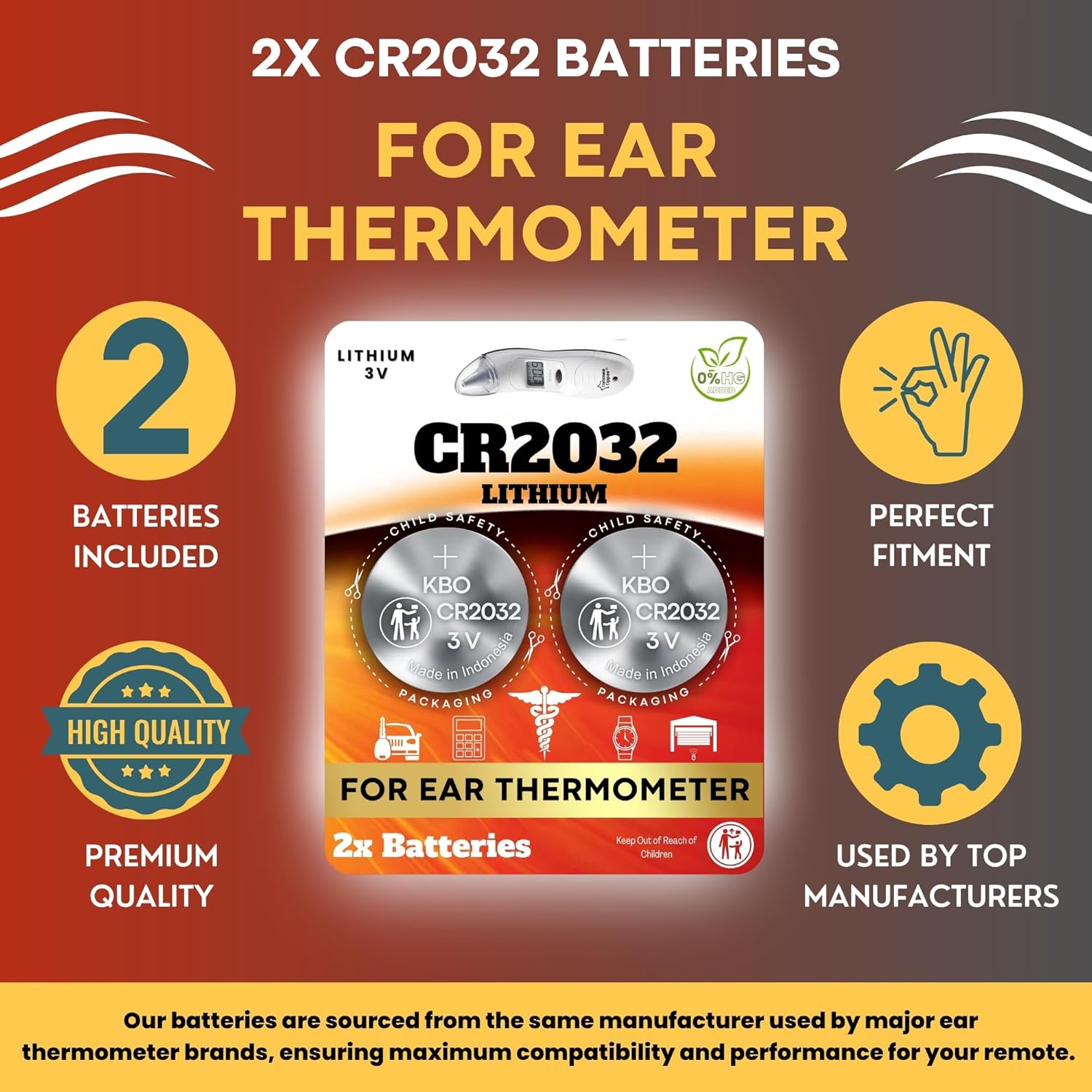 Alternative view of Ear Thermometer Battery Replacement Kit (2-Pack) CR2032 - Compatible with Most Brands - Coin Cell Battery for Ear Thermometers and Pet Ear Thermometer