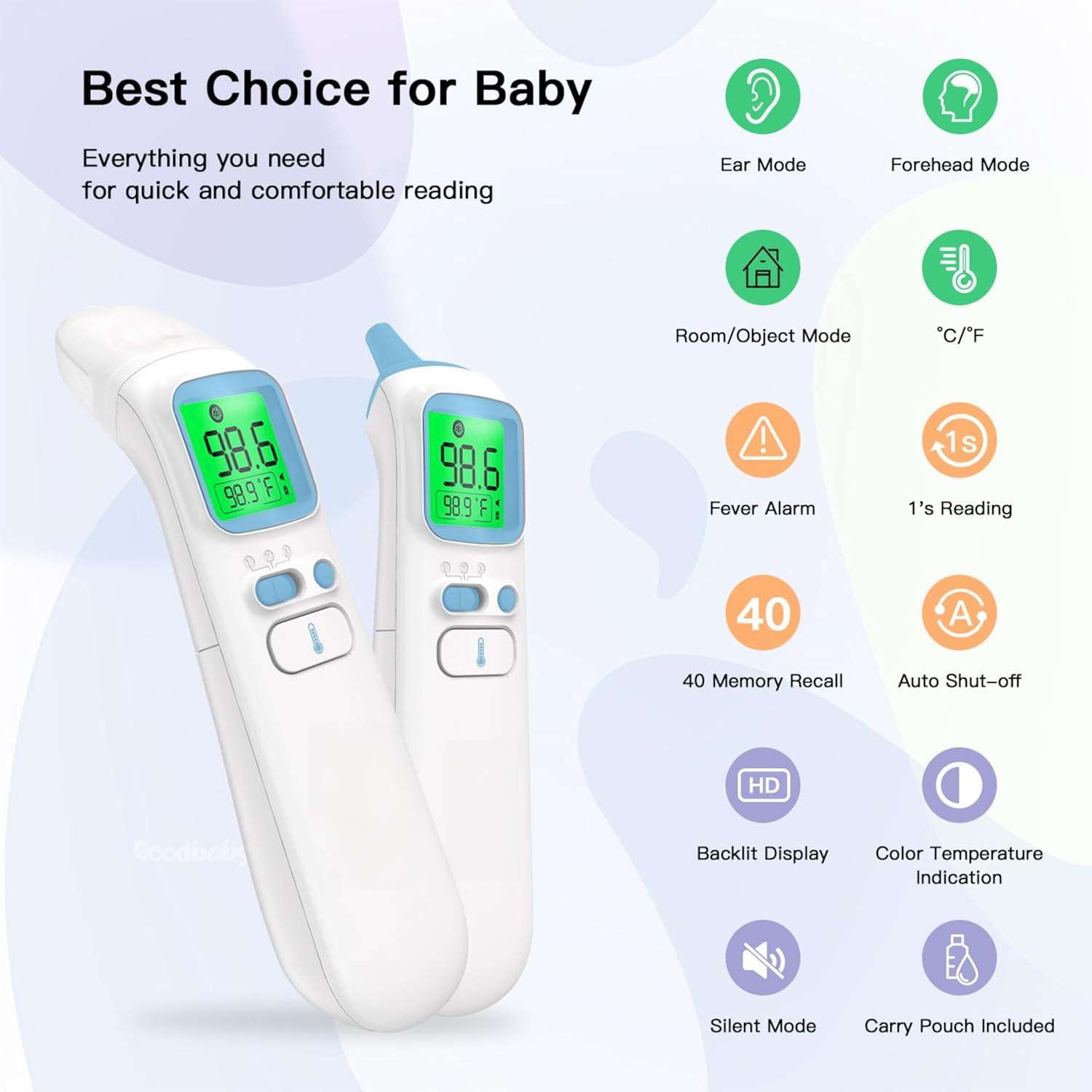 Ear and Forehead Thermometer for Adults, 3-in-1 Infrared Digital Thermometer for Kids and Baby, Accurate 1 Second Reading, Fever Alert, Backlit Display and Storage Pouch