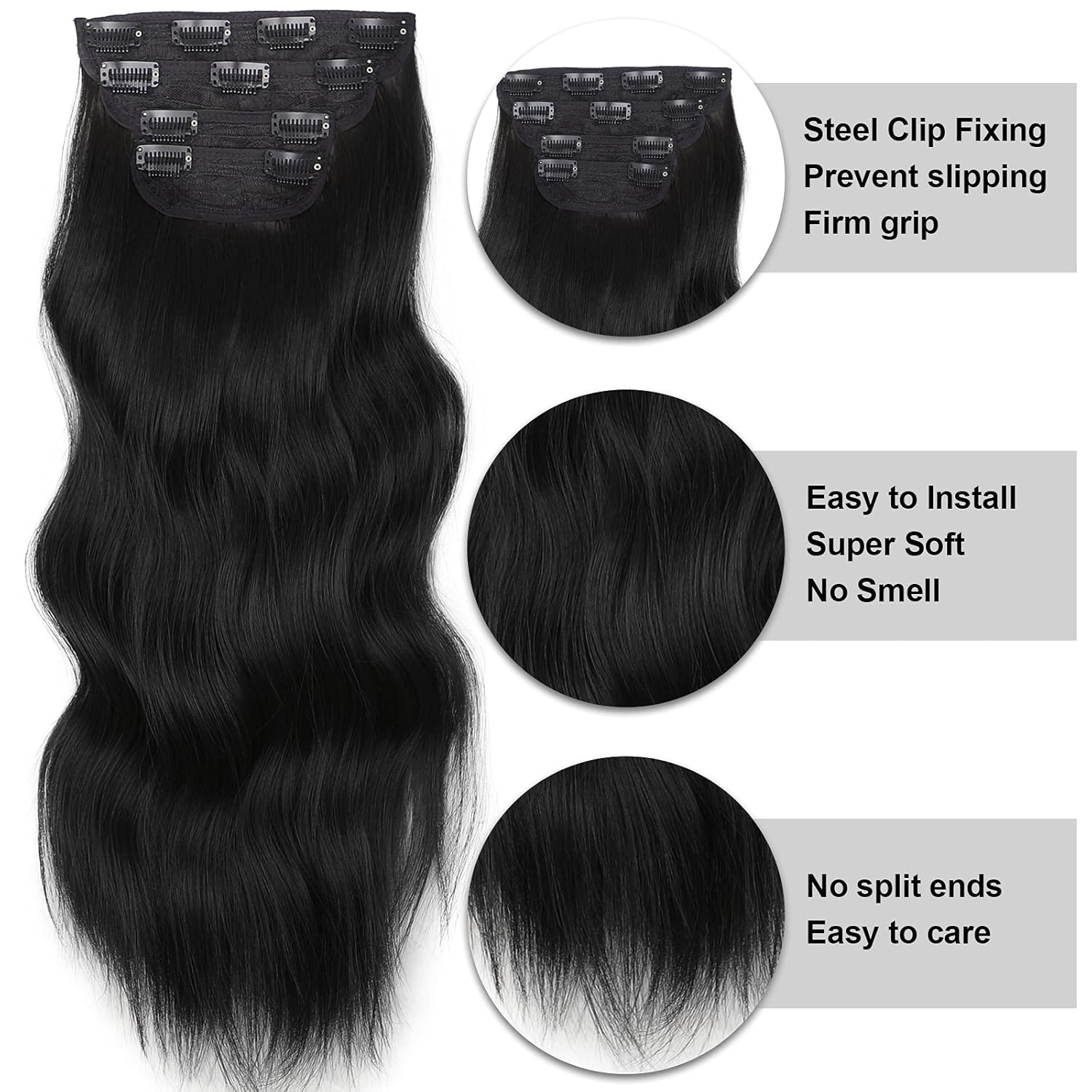 Vigorous Clip in Hair Extensions 4Pcs Black Hair Extension 24 Inch Long Wavy Soft Synthetic Hairpieces for Women