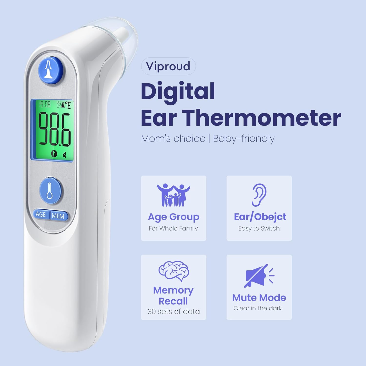 Ear Thermometer, Digital Ear Thermometer for Kids and Adults, High Accuracy Baby Thermometer with 1s Result, 3-Color Dispaly, 30 Memory Recall, with 21 Disposable Probe Covers