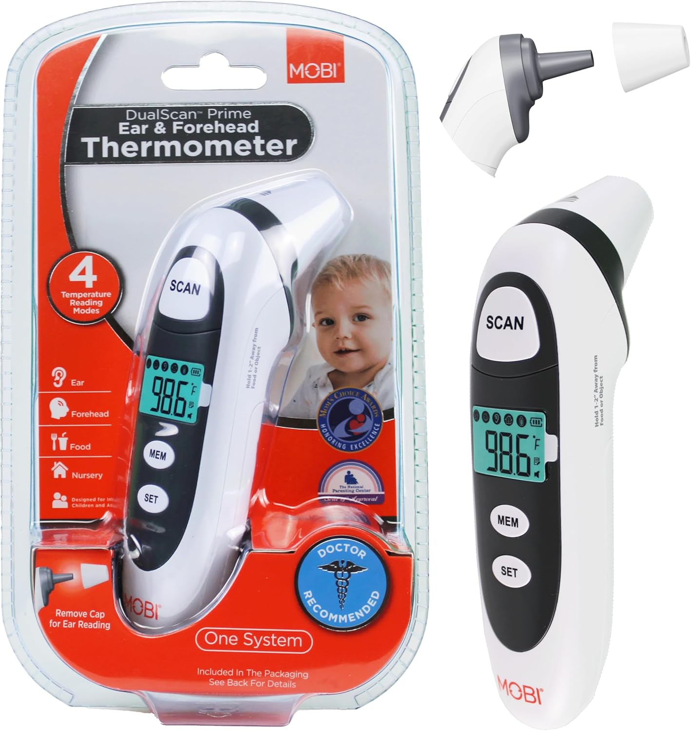 Mobi Dualscan Prime Ear & Forehead Thermometer with Food & Bottle Readings, Ear Thermometer, Forehead Thermometer, Fever Thermometer, Object Thermometer, Baby Food Thermometer, Hsa Eligible/Approved