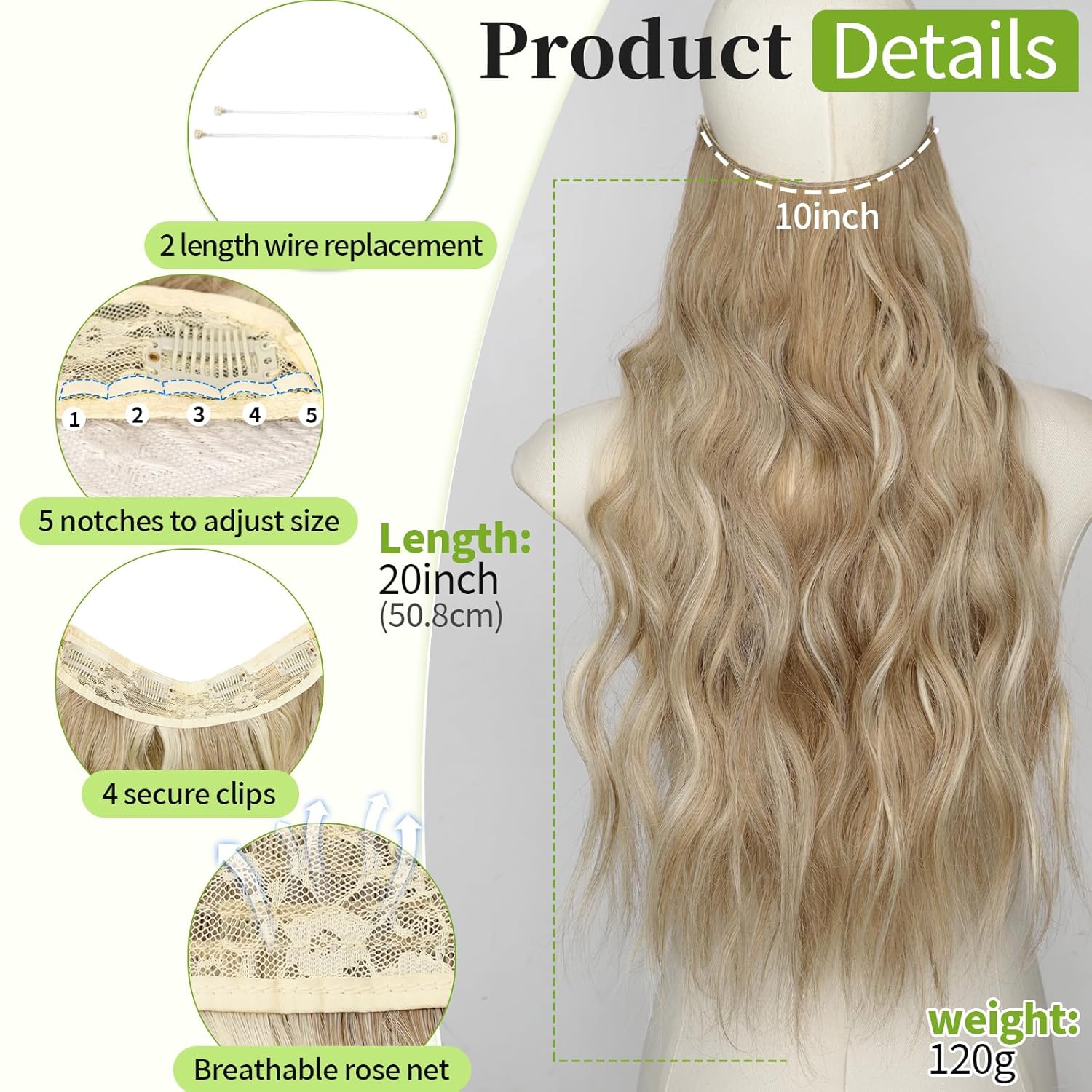 KooKaStyle Invisible Wire Hair Extensions with Transparent Wire Adjustable Size 4 Secure Clips Long Wavy Curly Secret Synthetic Hairpieces(20 Inch,Dark Ash Blonde mix Light Blonde Highlights)