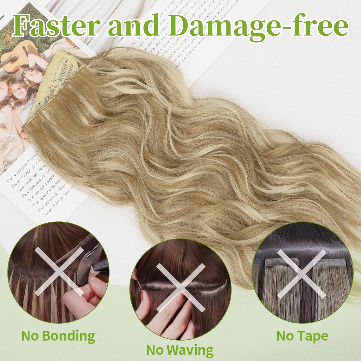 Alternative view of KooKaStyle Invisible Wire Hair Extensions with Transparent Wire Adjustable Size 4 Secure Clips Long Wavy Curly Secret Synthetic Hairpieces(20 Inch,Dark Ash Blonde mix Light Blonde Highlights)