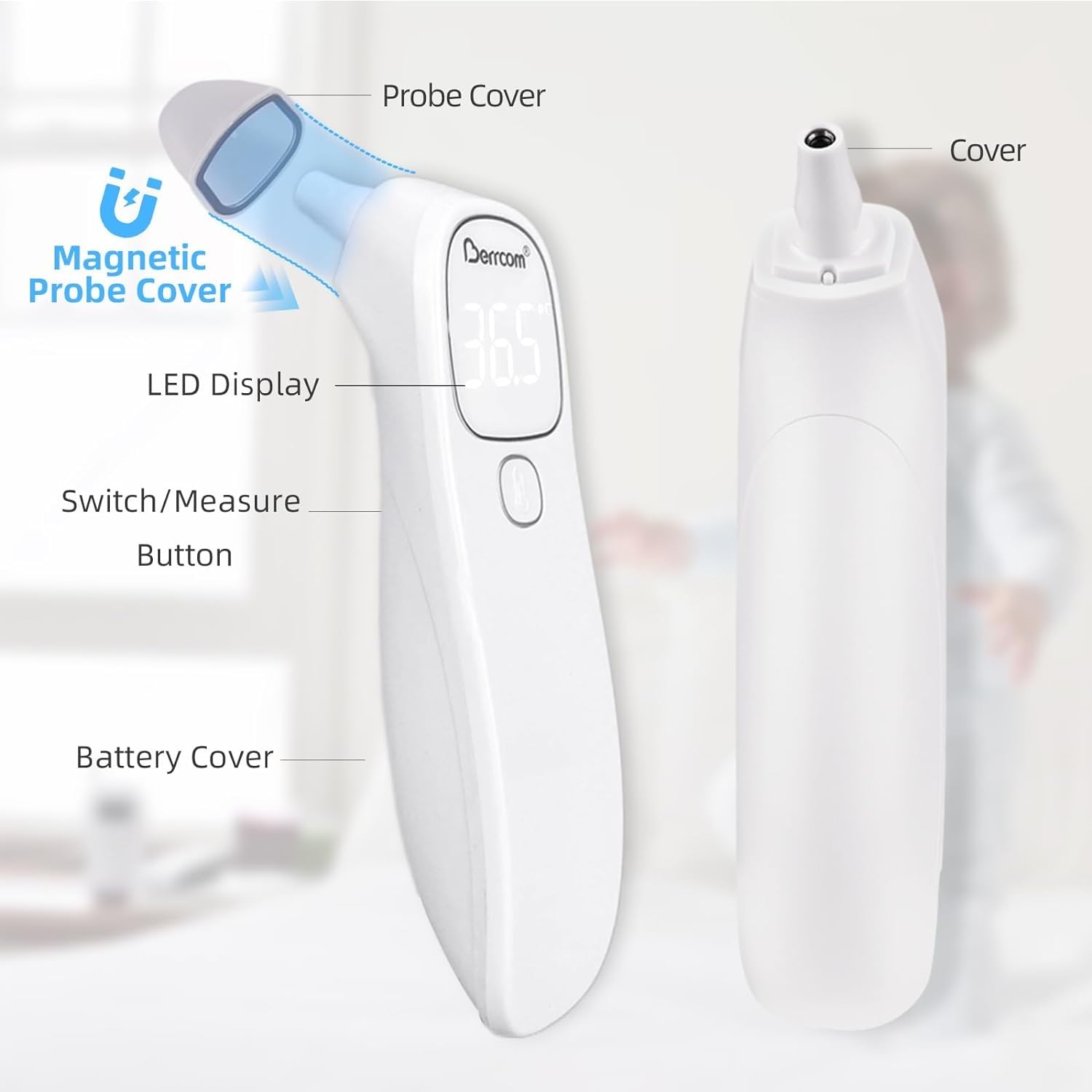 Alternative view of Berrcom 2-in-1 Forehead and Ear Thermometer with Magnetic Probe - Digital Infrared Thermometer for Adults & Babies, LED Display, 1s Reading, Auto Shut-Off