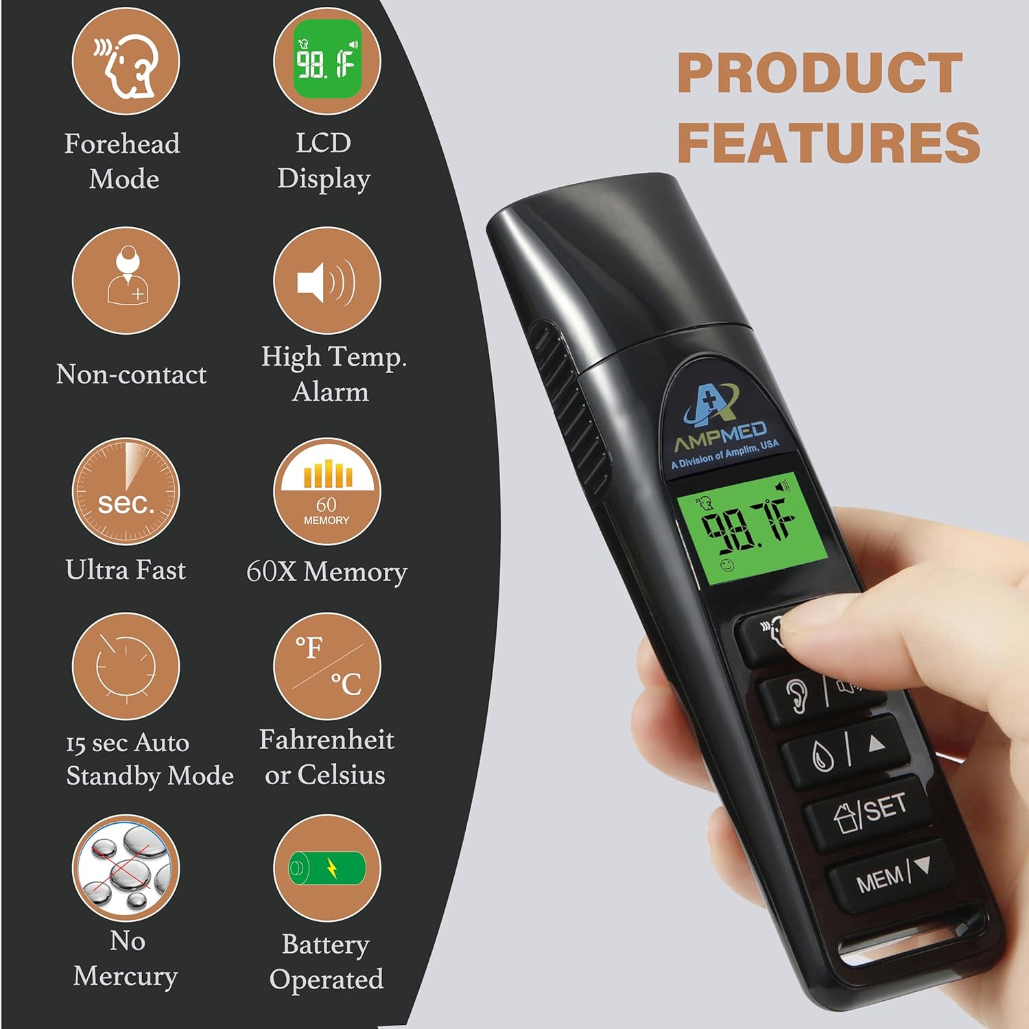 Alternative view of Amplim Baby Thermometer | 3-in-1 Accurate Infrared Thermometer for Ear, Forehead & Touchless, Fever Thermometer for Baby, Infants, Toddlers, Kids & Adults | Base Stand & Clock (Black)