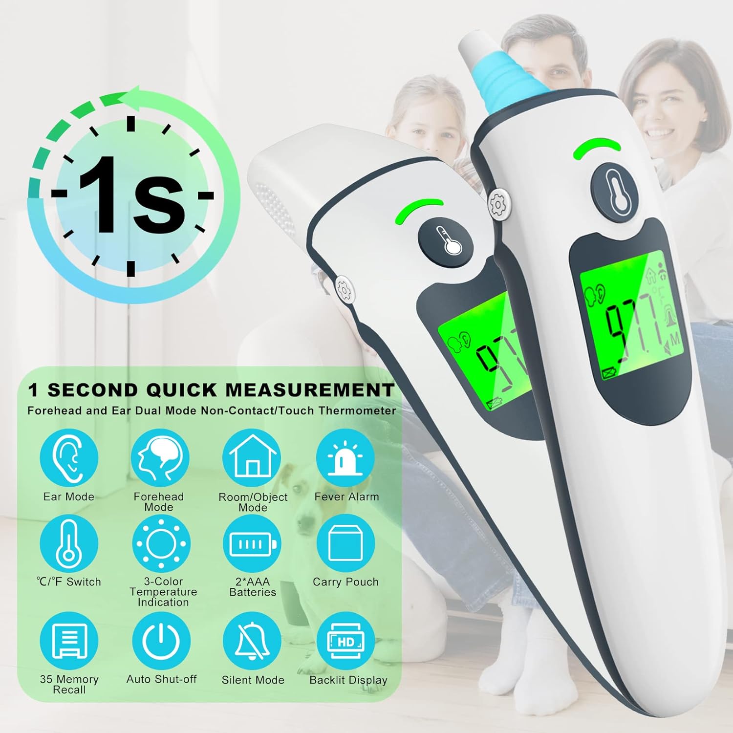Ear Thermometer for Kids, Baby Thermometer with Ear and Forehead Mode for Adults, Kids and Objects, Digital Ear Thermometer with Accurate 1 Second Reading Fever Alarm and Large LCD Display