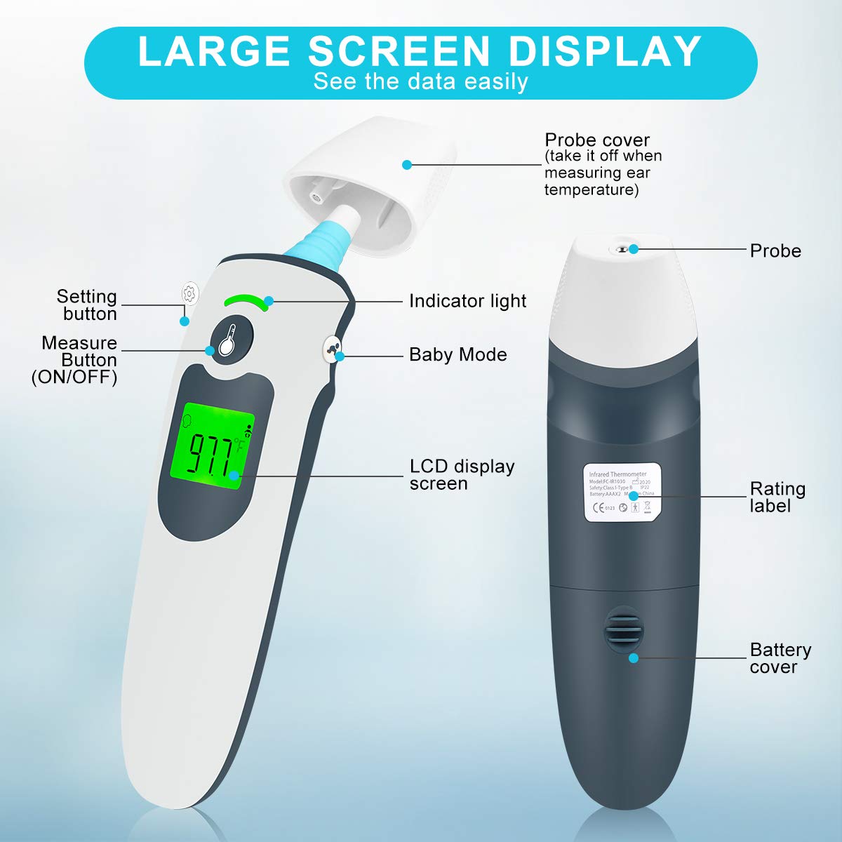 Alternative view of Ear Thermometer for Kids, Baby Thermometer with Ear and Forehead Mode for Adults, Kids and Objects, Digital Ear Thermometer with Accurate 1 Second Reading Fever Alarm and Large LCD Display