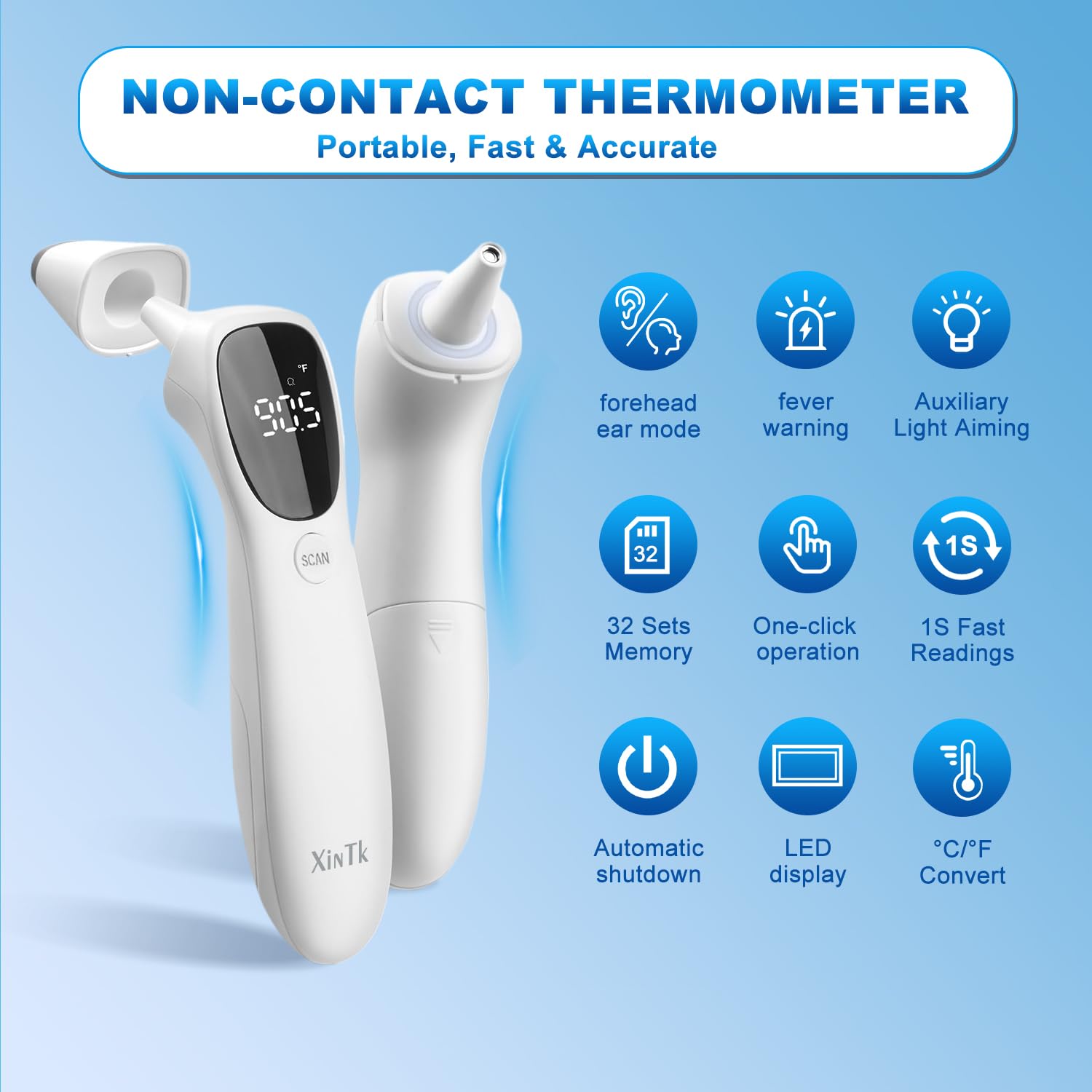 Ear Thermometer for Adults and Kids, Infrared Digital Thermometer - with Fever Alarm and Auxiliary Light, 1 Second Reading, No-Touch Forehead Ear 2 in 1 Mode，Easy to use