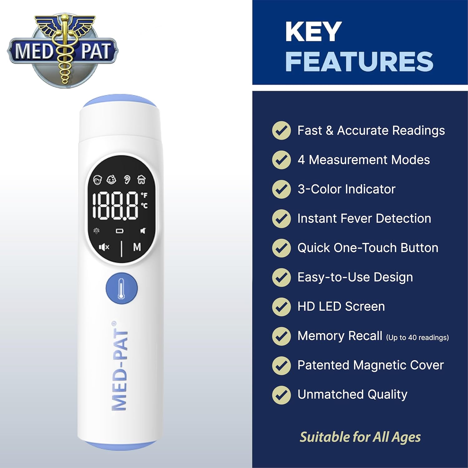 Alternative view of Med-Pat TH-1 Touchless Digital Thermometer - Infrared 1-Second Result - - Baby, Kids, Adults - Temperature Fever Alert, HD Color - Forehead & Ear Mode - Auto-Light & Silent Mode