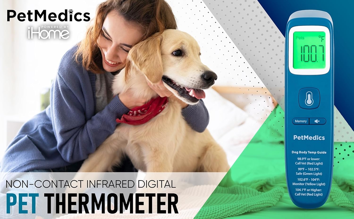 Alternative view of PetMedics by iHome Cat & Dog Thermometer for Pets Ear or Belly No Contact Scan - Large Number Digital Lit Display - Batteries Included - Canine and Pet Fever Detection