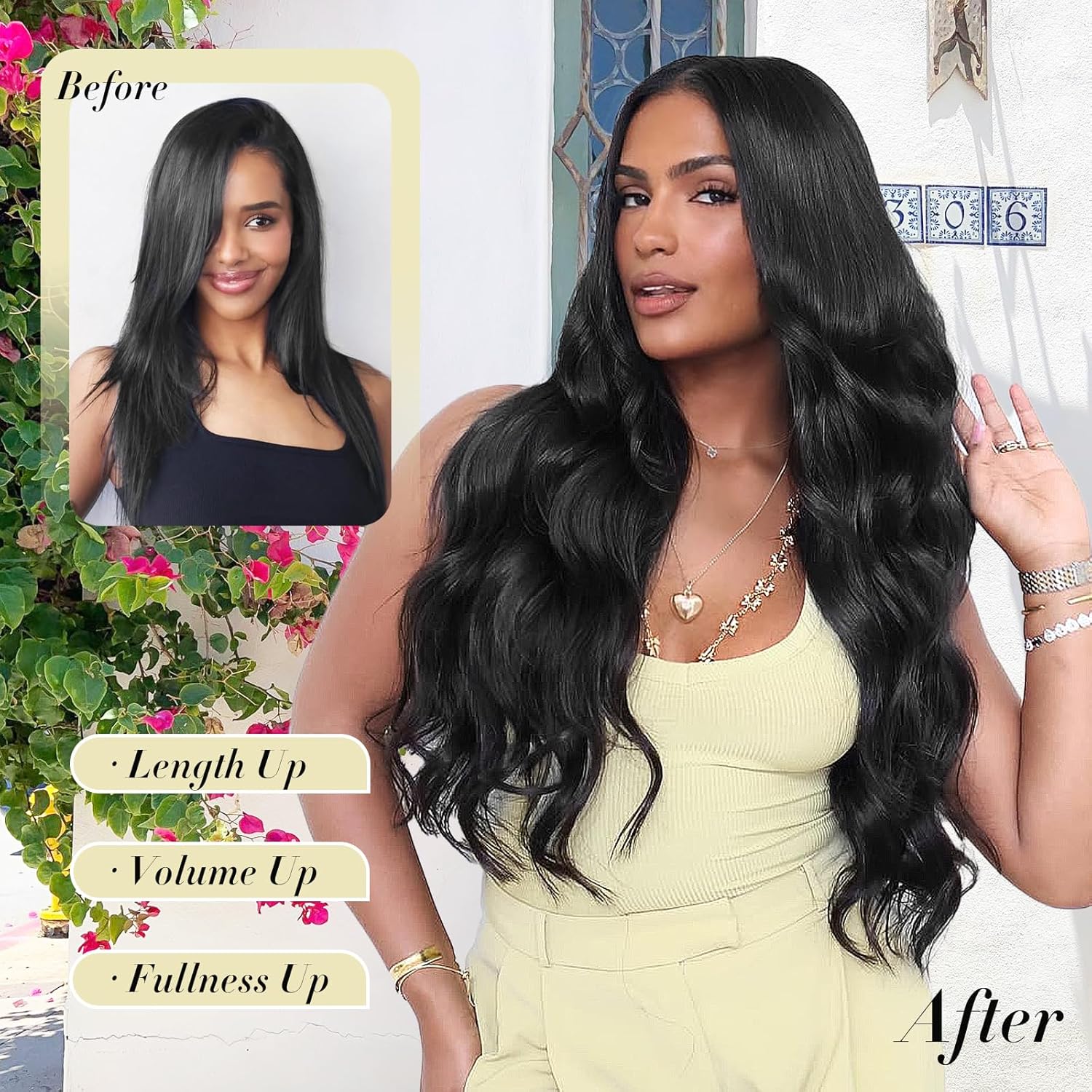 NOTICEME Clip in Long Wavy Synthetic Hair Extension 22 Inch Black 4PCS Thick Hairpieces Fiber Double Weft Hair for Women(1B)