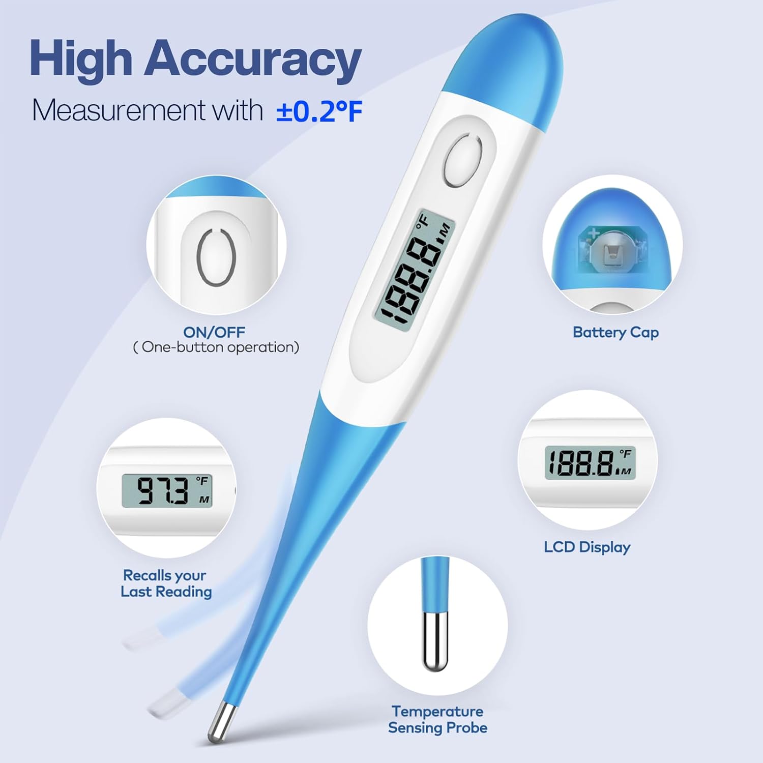 Alternative view of Boncare 10 Seconds Oral Thermometer for Adults and Kids - Accurate & Safe Rectal Thermometer for Baby with Fever Alarm, Digital Thermometer (Light Blue)