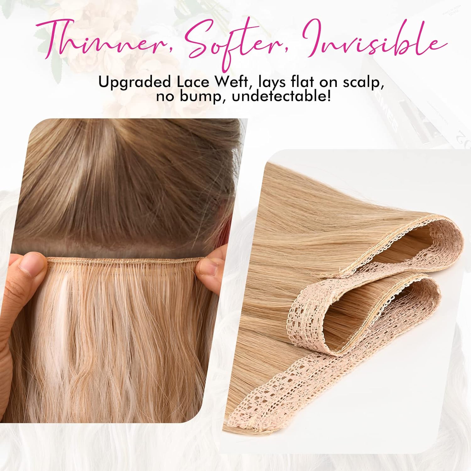 REECHO Invisible Wire Hair Extensions with Thinner Softer Lace Weft (Medium Blonde with Blonde Highlights, 12 Inch (Pack of 1))
