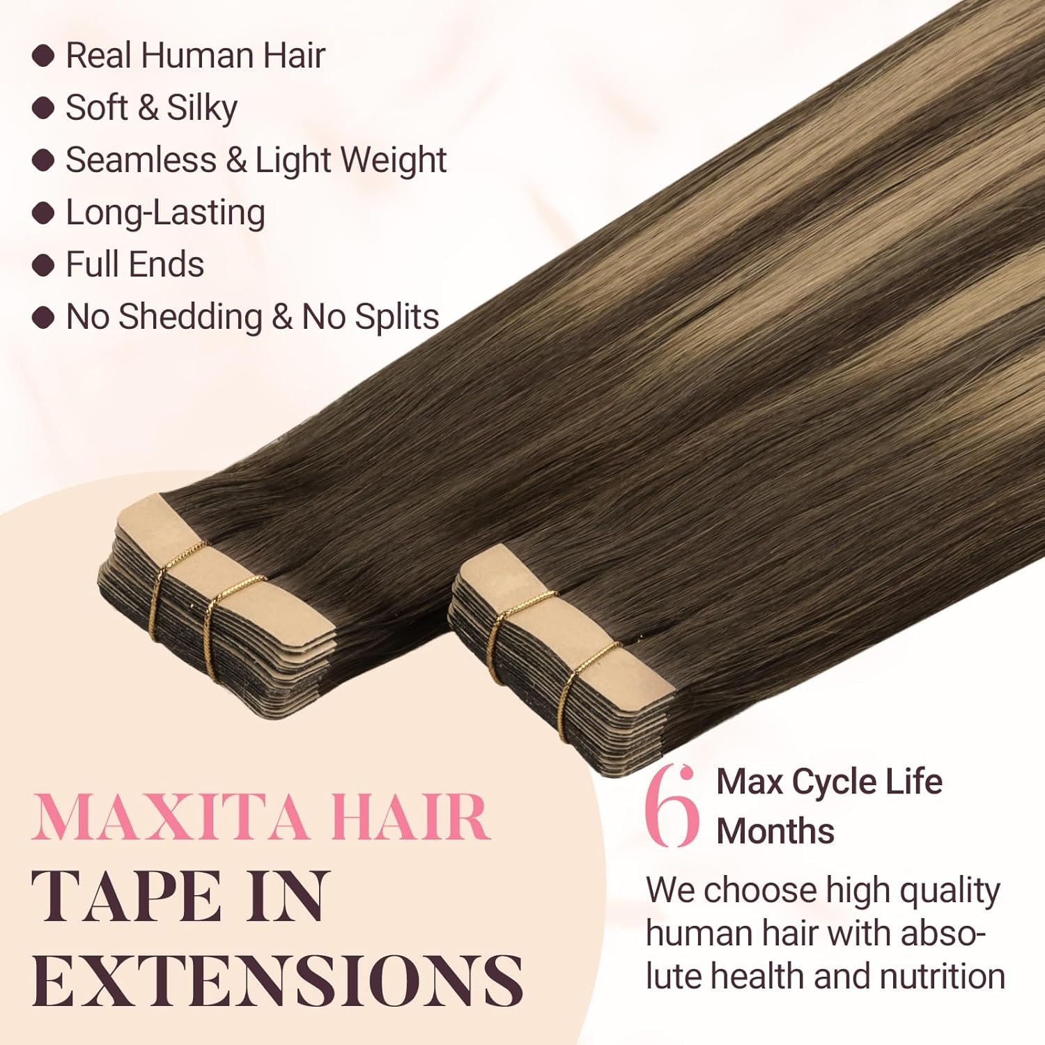 Alternative view of MAXITA Tape in Hair Extensions Human Hair, Balayage Chocolate Brown to Caramel Blonde, 16inch 50g 20pcs, Remy Silky Real Human Hair Extensions Thick Ends Straight Seamless Tape in Hair Extensions