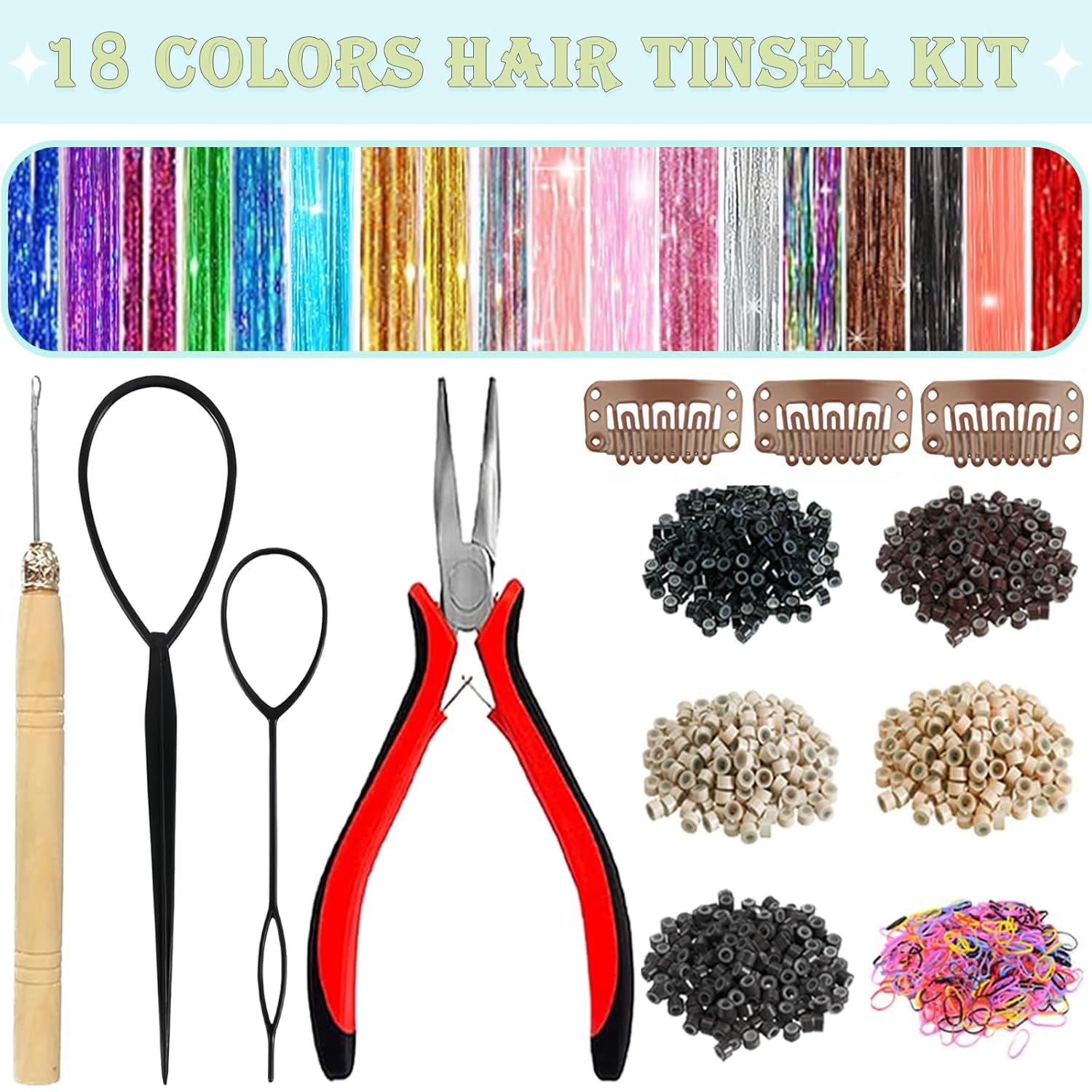 Hair Tinsel,18 Colors Hair Tinsel Kit for Girls 7600 Strands Fairy Tinsel Hair Extensions Holographic Hair Tinsel Heat Resistant Colored Hair Glitter Christmas Party Festival (18 Colors)