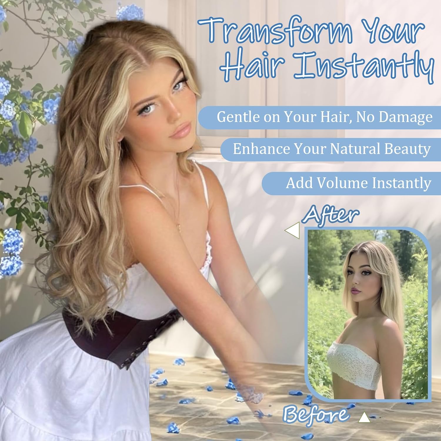 Alternative view of NOVFLKW Halo Hair Extensions with Invisible Wire 20 Inch Ash Brown Hair Extensions with Beach Blonde Highlight and 4 Secure Clips Wavy Synthetic Hair extensions for Women Daily Part Use