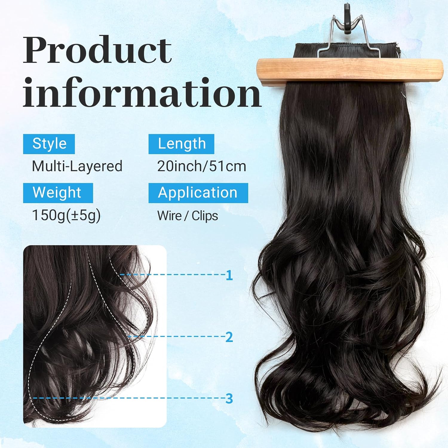KooKaStyle Invisible Wire Hair Extensions 20u2018u2019 Long Wavy Layered Synthetic Clip in Hair Extensions with Transparent Wire Adjustable Size 6 Secure Clips Dark Brown Thick Hairpieces for Women 20 Inch
