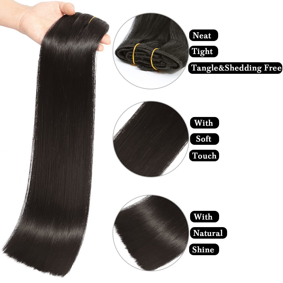 Clip in Hair Extensions Real Human Hair, 8pcs 16 Inch 10A Brazilian Virgin Remy Human Hair Clip in Extensions for Women Double Weft Invisible Seamless Human Hair Extensions Clip ins 65g Natural Black