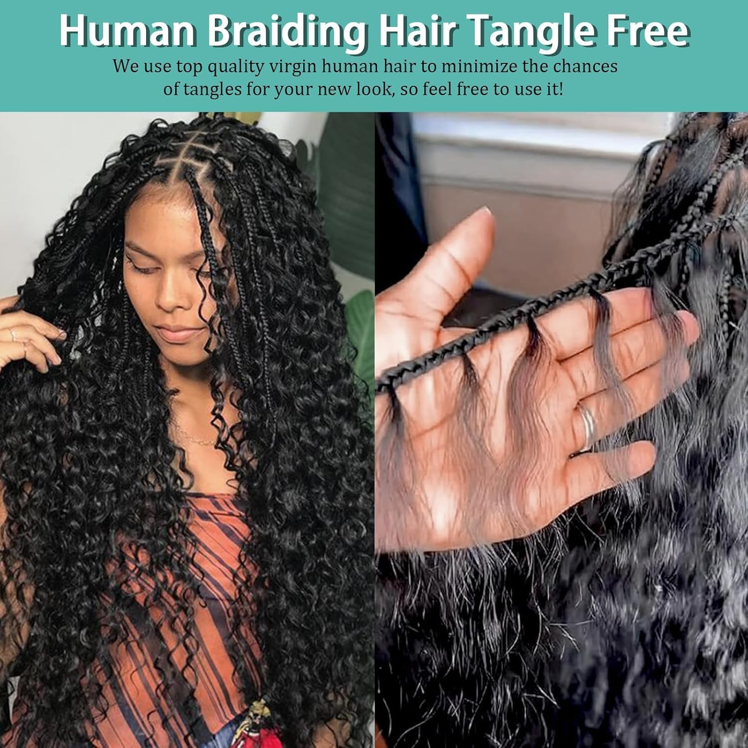 Alternative view of Human Braiding Hair for Boho Braids Human 110g 20 Inch Curly Boho Hair for Braiding Knotless 12A Deep Wave Bulk Bohemian 3 Bundles/Pack Natural Color