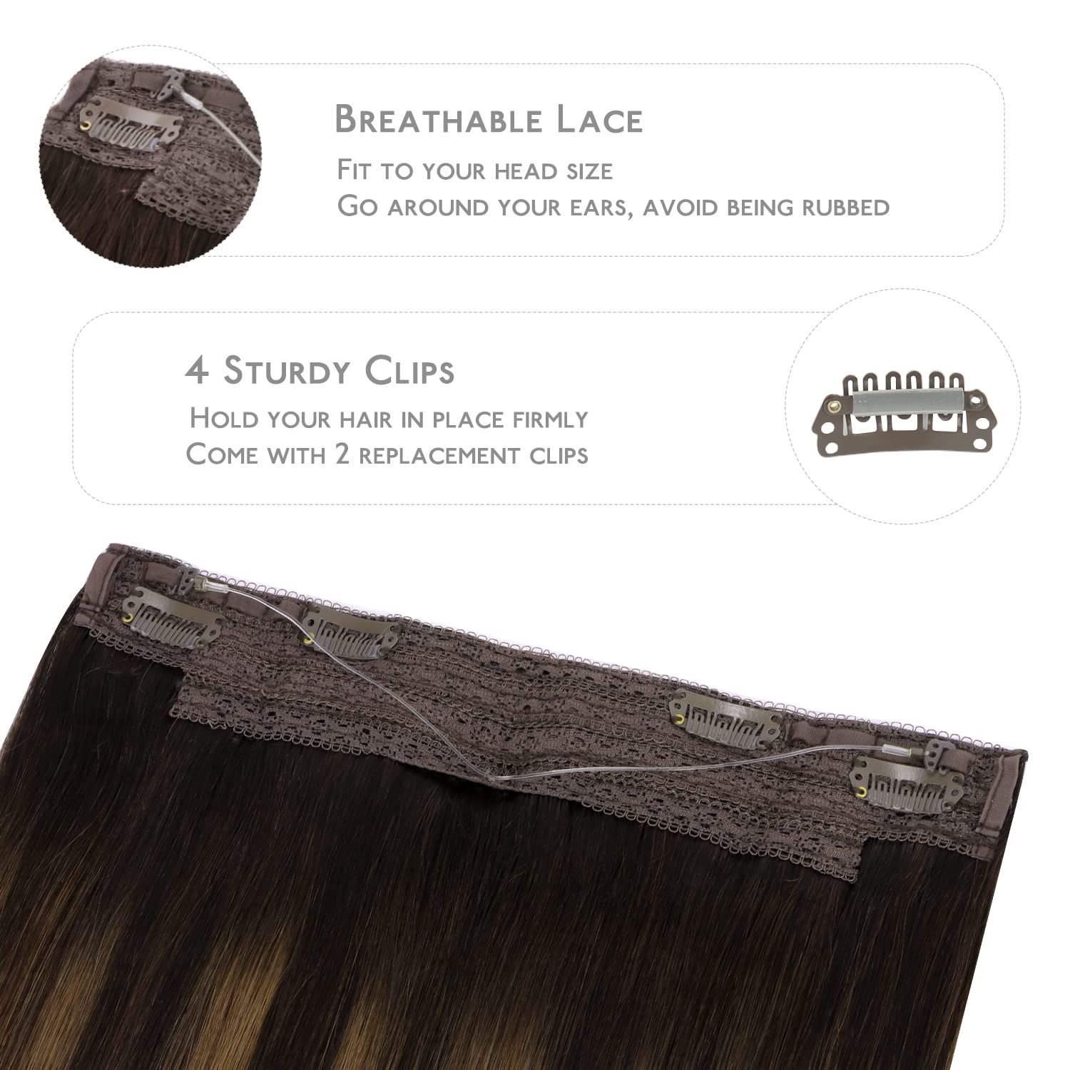 Alternative view of WENNALIFE Wire Hair Extensions (Increase 50% Lifespan) Real Human Hair 14 inch 75g Balayage Dark Brown to Chestnut Remy Invisible Transparent Fish Line