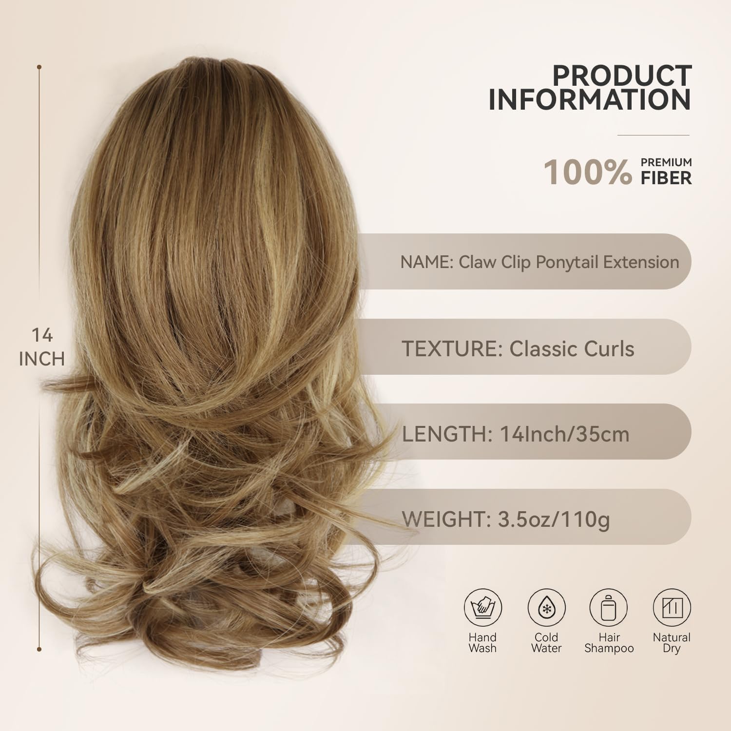 14 Inch Ponytail Extension - Wavy Pony Tails Hair Extensions, Claw Clip Ponytail Extension, Synthetic Hair Extensions Ponytail, Clip on Ponytails for Women (Light Brown With Beige Highlights)