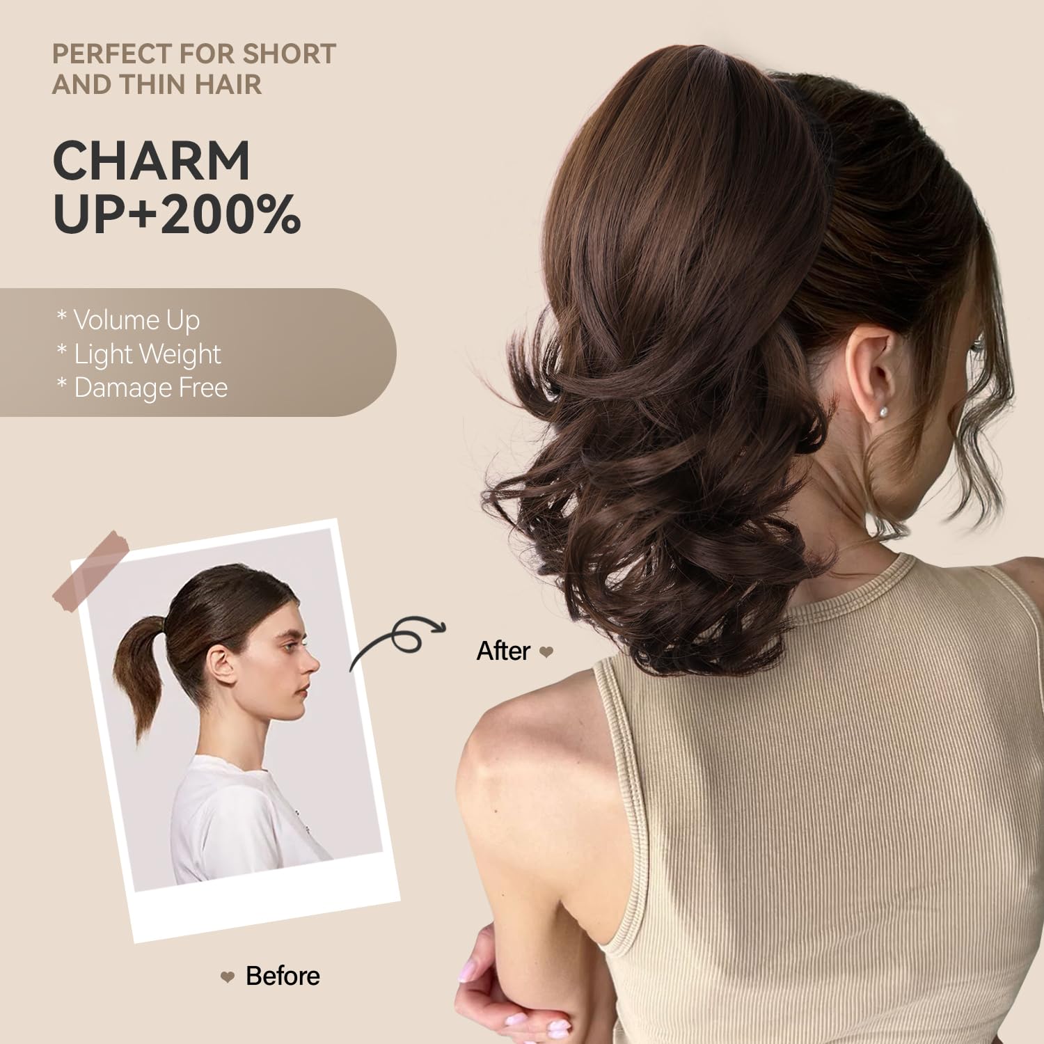 Alternative view of 14 Inch Ponytail Extension - Wavy Pony Tails Hair Extensions, Claw Clip Ponytail Extension, Synthetic Hair Extensions Ponytail, Clip on Ponytails for Women (Light Brown With Beige Highlights)