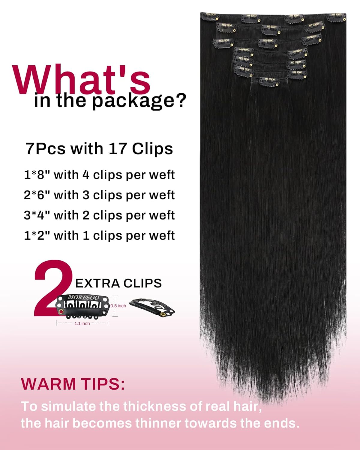 Alternative view of Moresoo Black Clip in Hair Extensions Real Human Hair Clip in Extensions Black Hair Extensions for Women Remy Double Weft 120g/7pcs 20 Inch