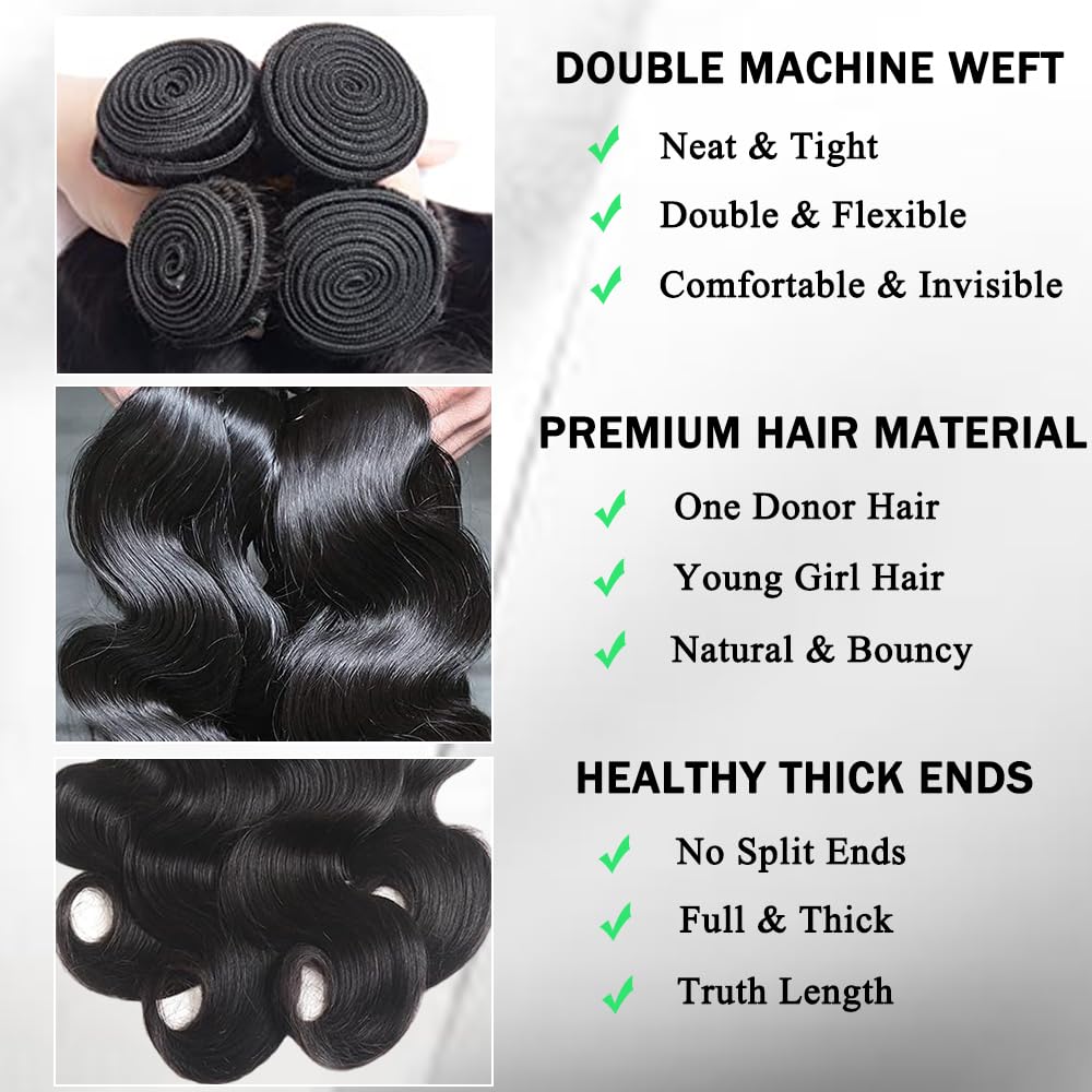 ZGGTL Body Wave Bundles Human Hair 18 20 22 24Inch 12A Brazilian Quick Weave Double Weft Natural Black for Women Hair Extensions