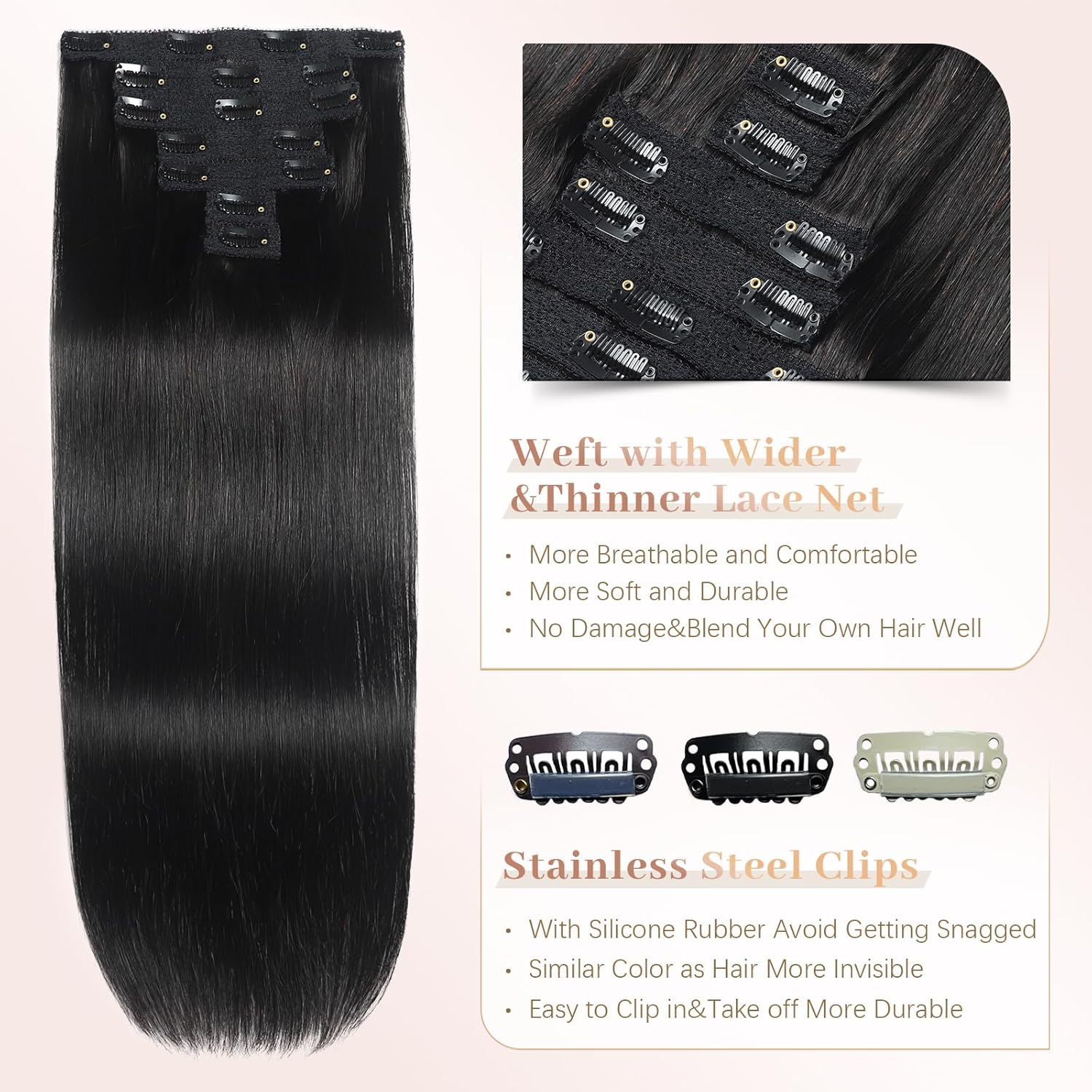 Alternative view of Sisily Clip in Hair Extensions Real Human Hair,14 inch 70g, Natural Straight Human Hair Clip in Extensions for Black Woman, Soft Straight 7pcs Per Set with 16 Clips Double Weft