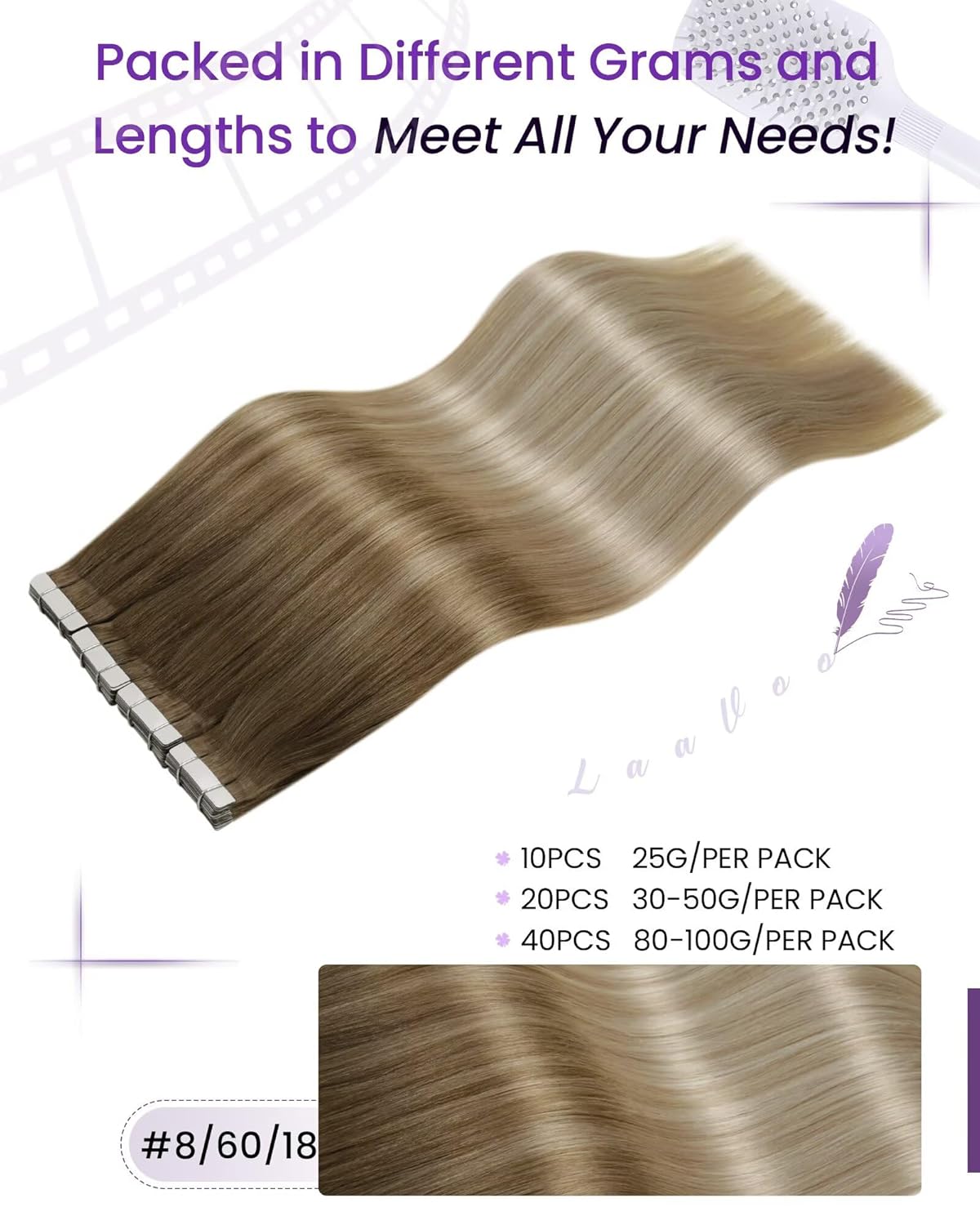 Alternative view of LaaVoo Tape in Extensions Balayage Blonde Human Hair Tape in Hair Extensions Light Brown to Ash Blonde Mix Platinum Blonde Hair Extensions Tape on Real Human Hair 18inch 50g 20pcs