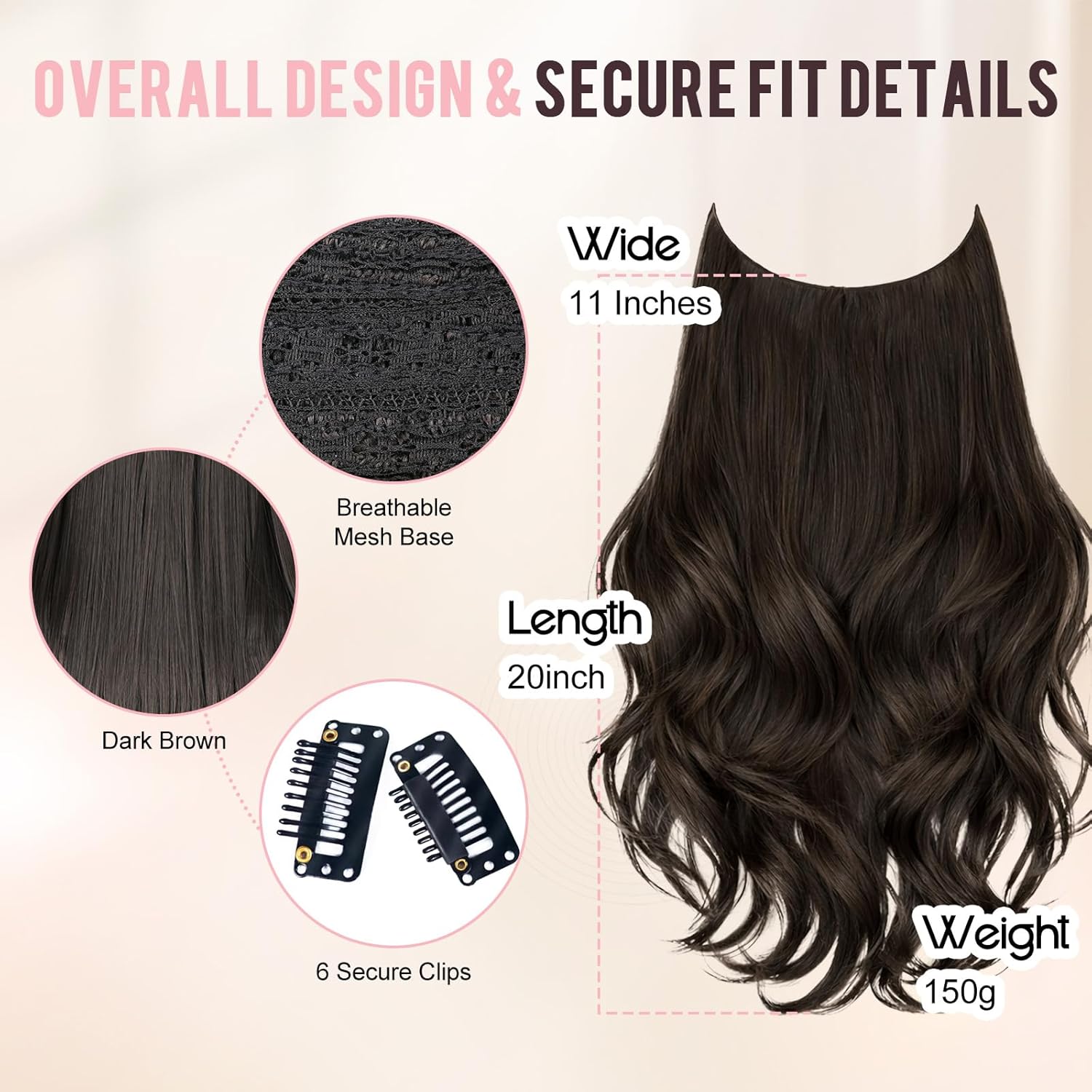 Kurope Layered Halo Hair Extensions with Invisible Wire Dark Brown Hair Extensions with 6 Secure Clips 20 Inches Long Wavy Layered Synthetic Hair Extensions for Women Daily and Party Use