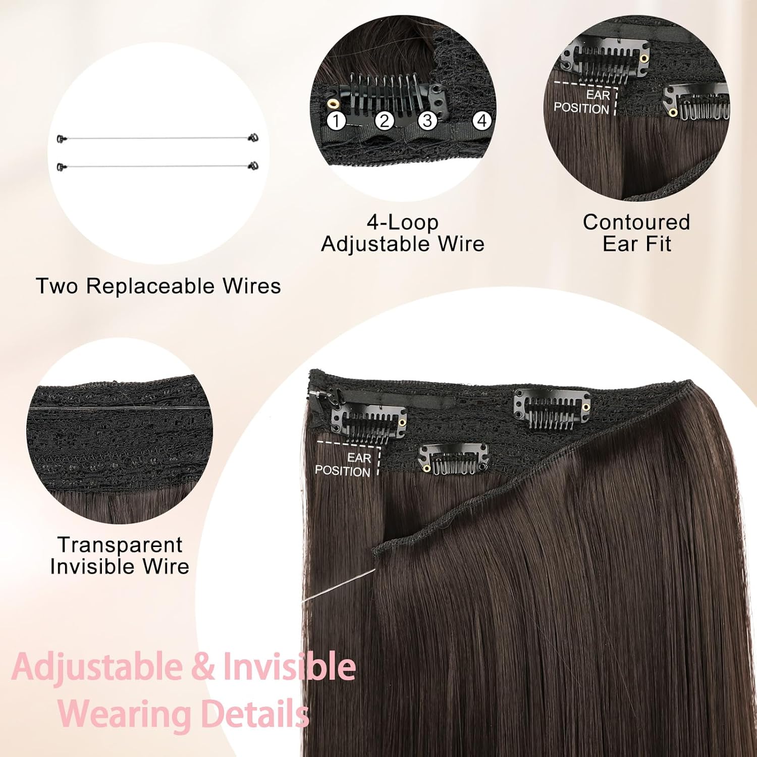 Alternative view of Kurope Layered Halo Hair Extensions with Invisible Wire Dark Brown Hair Extensions with 6 Secure Clips 20 Inches Long Wavy Layered Synthetic Hair Extensions for Women Daily and Party Use