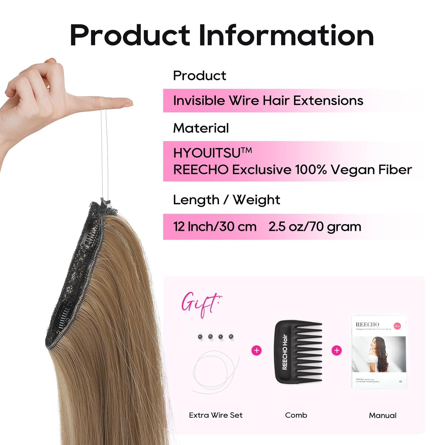 REECHO 12" Invisible Wire Hair Extensions with Thinner Softer Lace Weft Adjustable Size Removable Secure Clips in Short Straight Secret Hairpiece for Women - Dark Ash Brown with Highlights