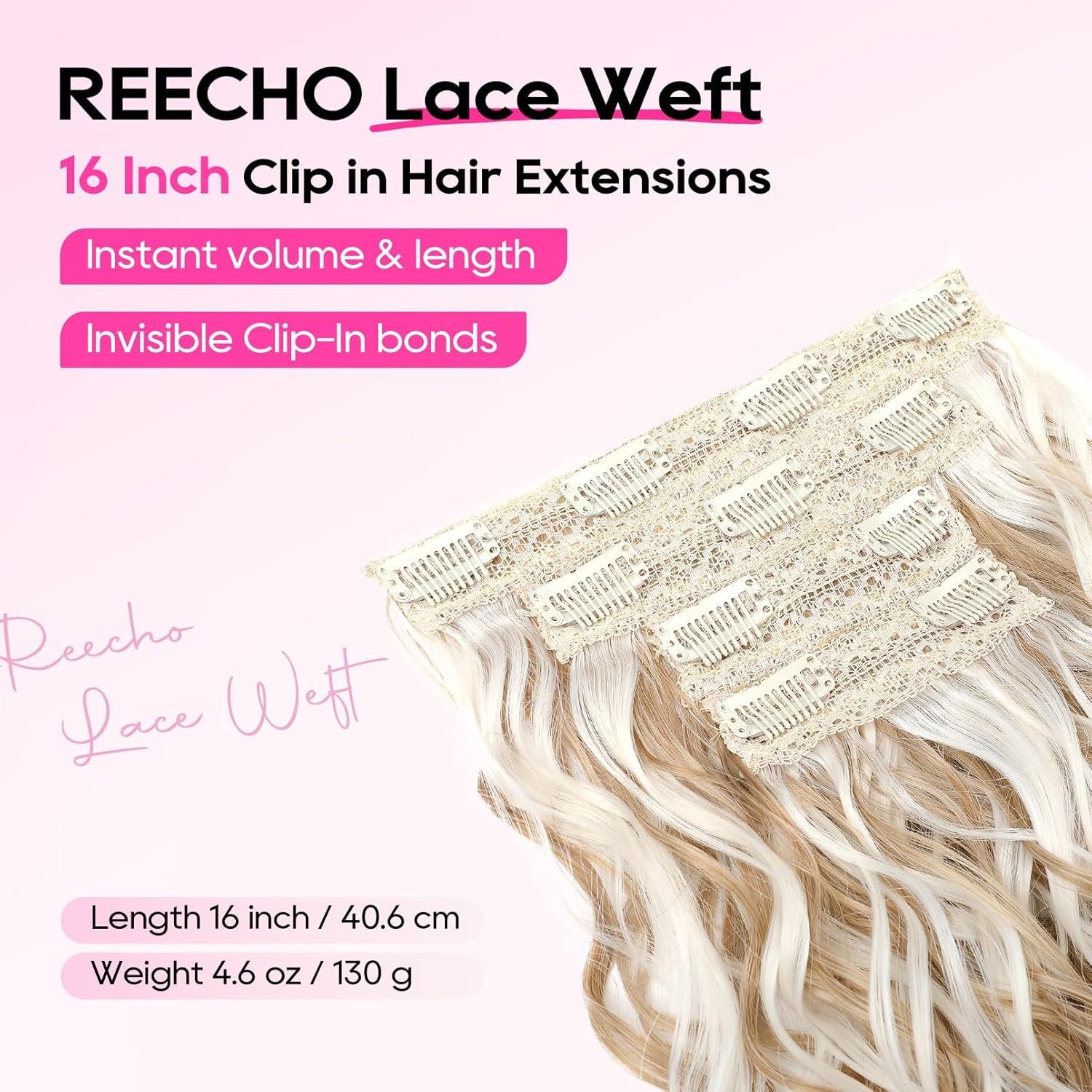 REECHO Curly Hair Extensions, 4PCS 16 inch Clip in Hair Extensions Lace Weft Short Curly Hair Extensions Clip Ins Invisible Natural Hairpieces for Women, Ash Blonde with Highlights