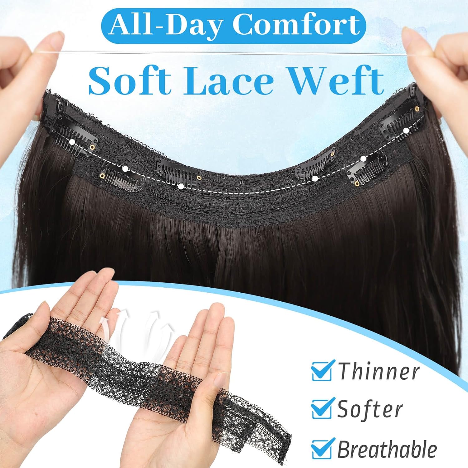 Alternative view of KooKaStyle Invisible Wire Hair Extensions 20u2018u2019 Long Wavy Layered Synthetic Clip in Hair Extensions with Transparent Wire Adjustable Size 6 Secure Clips Dark Brown Thick Hairpieces for Women 20 Inch