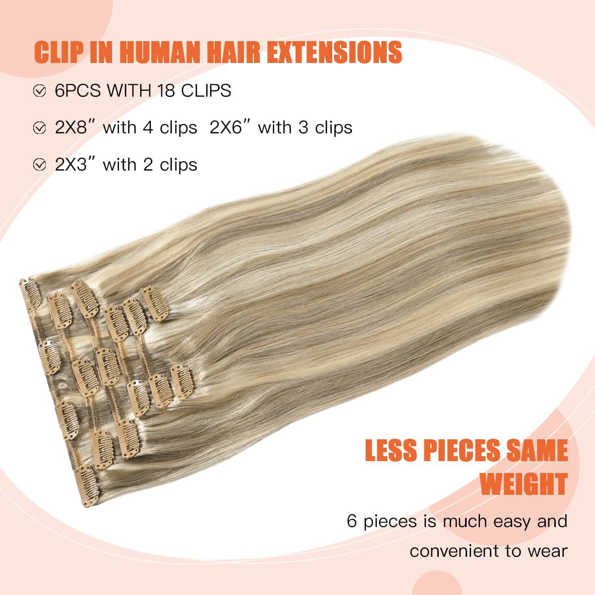 UGOTRAYS Clip in Hair Extensions Real Human Hair - 15 inch 70g Ash Blonde Mixed Bleach Blonde Straight 7pcs Double Weft - 100% Remy Human Hair Extensions #18p613 15inches