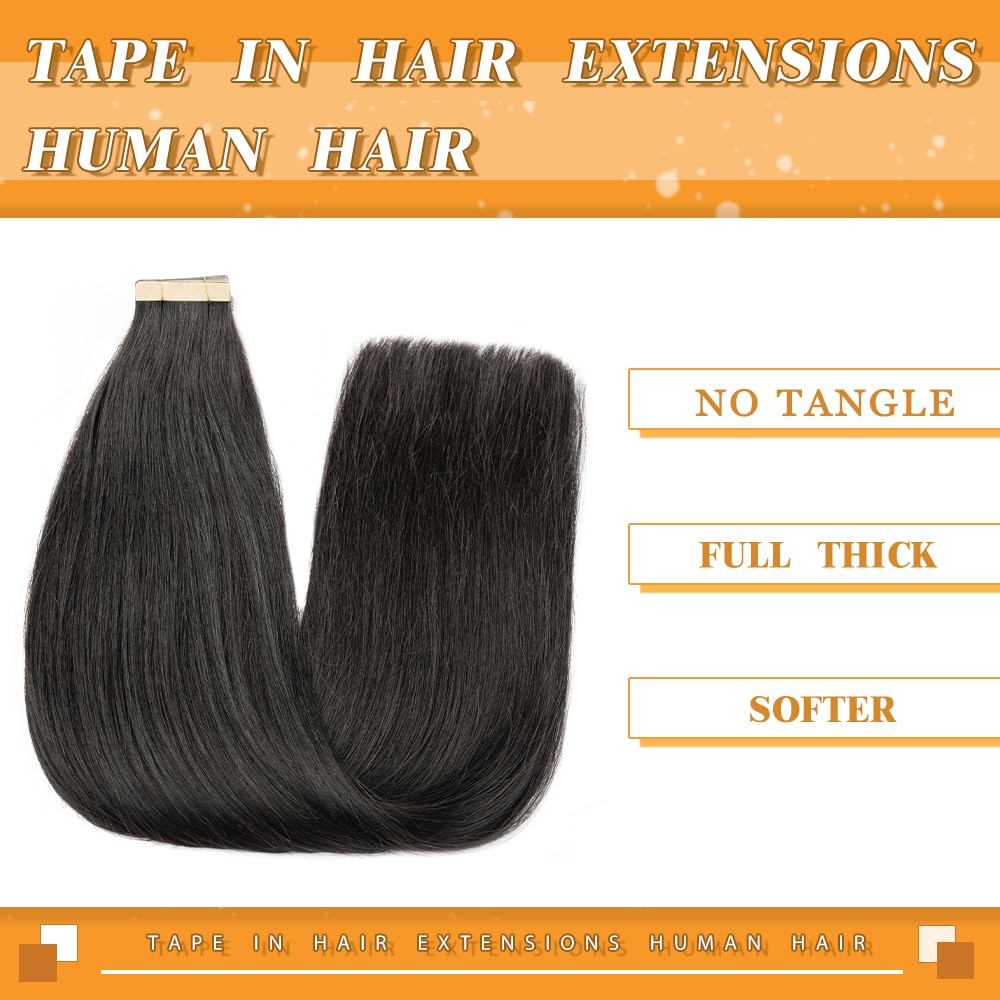 Alternative view of Tape in Hair Extensions Human Hair, 14 Inch Human Hair Tape in Extensions 20Pcs Natural Black Tape Ins Human Hair Extensions for Women Seamless Tape in Hair Extensions Real Human Hair (1B#, 14 Inch)